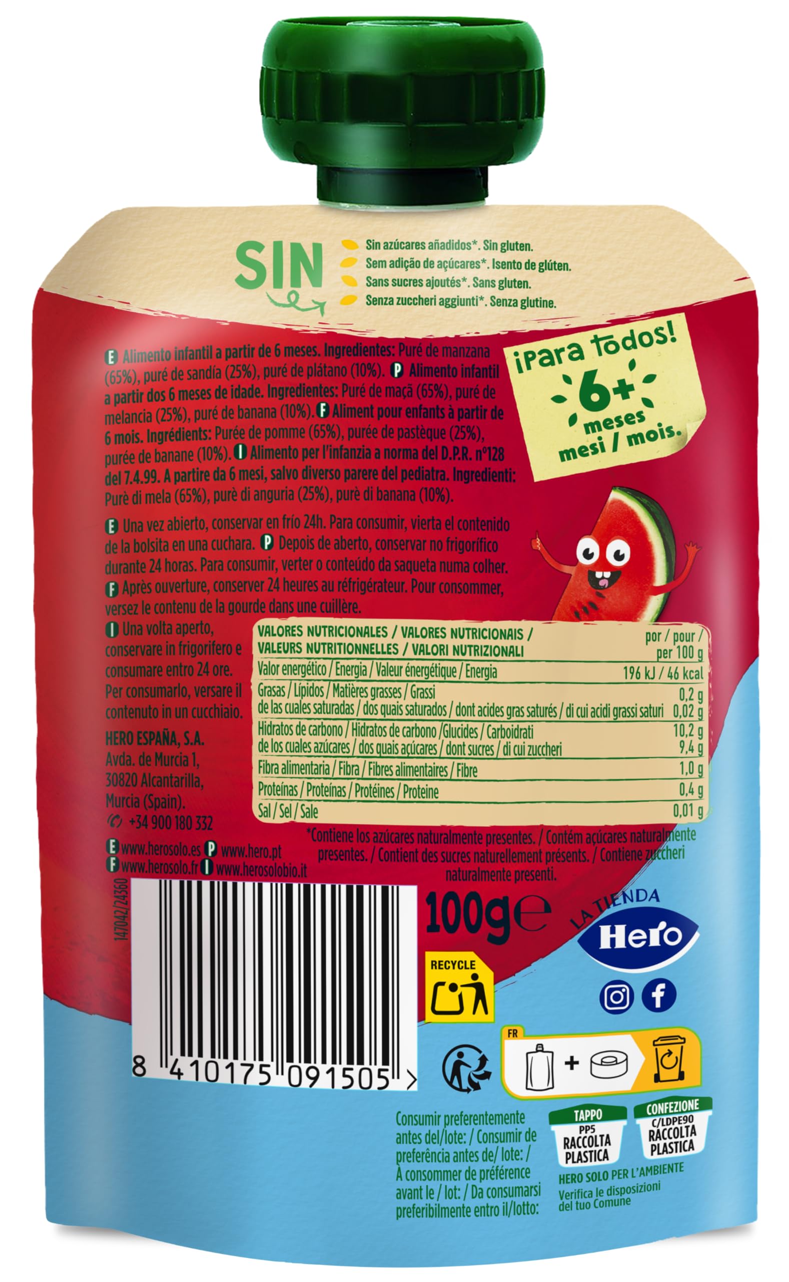Bolsita Fruta Bebé Manzana Sandía Plátano 100% Natural Sin Conservantes 100g x 6U Desde 6 Meses