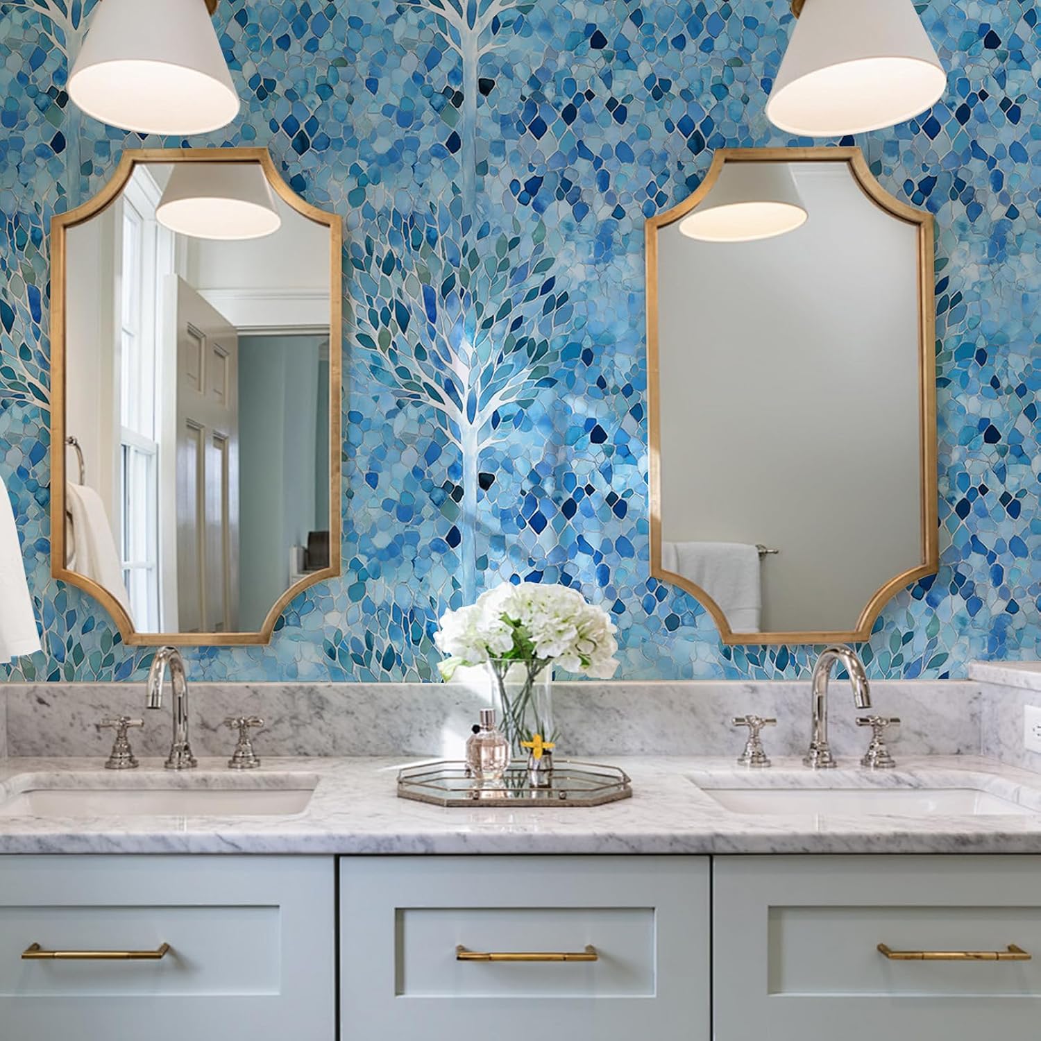 Watercolor Trunk Peel and Stick Wallpaper Blue Leaves Self Adhesive Removable Winter Forest Wallpaper Renter Friendly Contact Paper for Bedroom Bathroom Shelf Liner 17.71"x236.2"