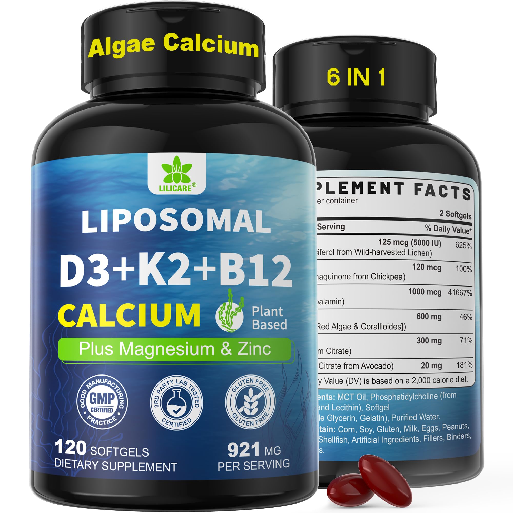 Algae Calcium 600mg + Vitamin D3 K2 5000 IU, Calcium Supplements for Women
