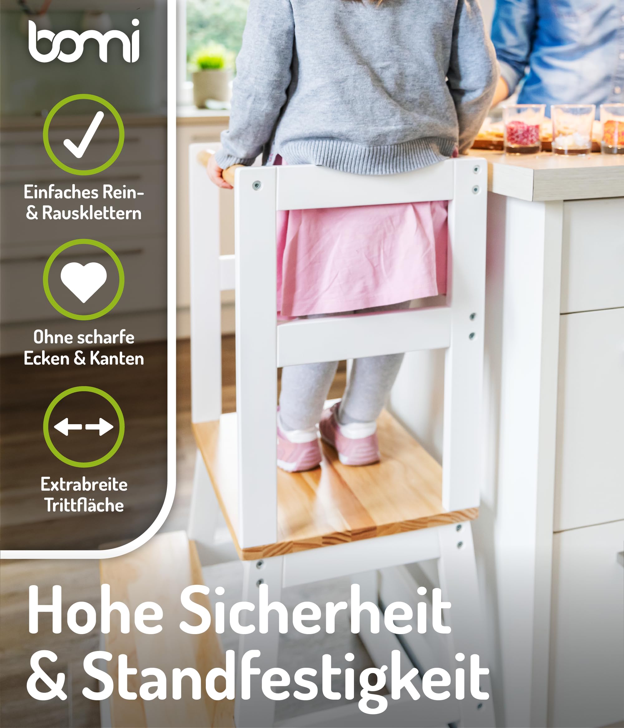BOMI® Swubi Montessori Lernturm ab 1 Jahr | Sicherer Tritthocker Kinder 2 Stufen | Learning Tower für Kind & Baby aus Holz | Schemel, Lernstuhl als Stehhilfe, Tritthocker Holz, Kinderhocker Weiß Natur