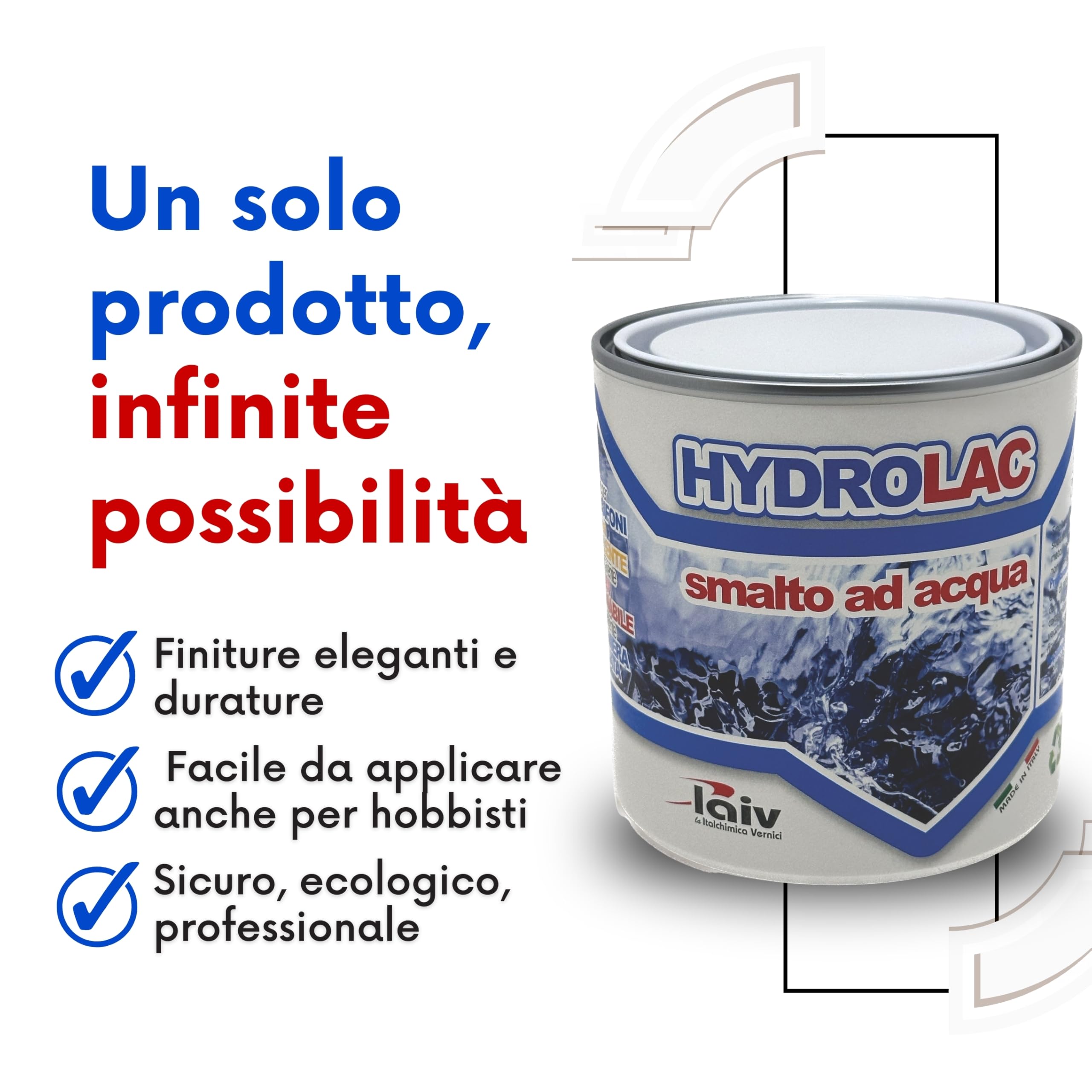 laiv Smalto Acrilico all'Acqua per Interni ed Esterni – 2,5 LITRI - Inodore, Rapida Essiccazione, Non Infiammabile – Uso Professionale Ecologico - Hydrolac - Bianco Lucido
