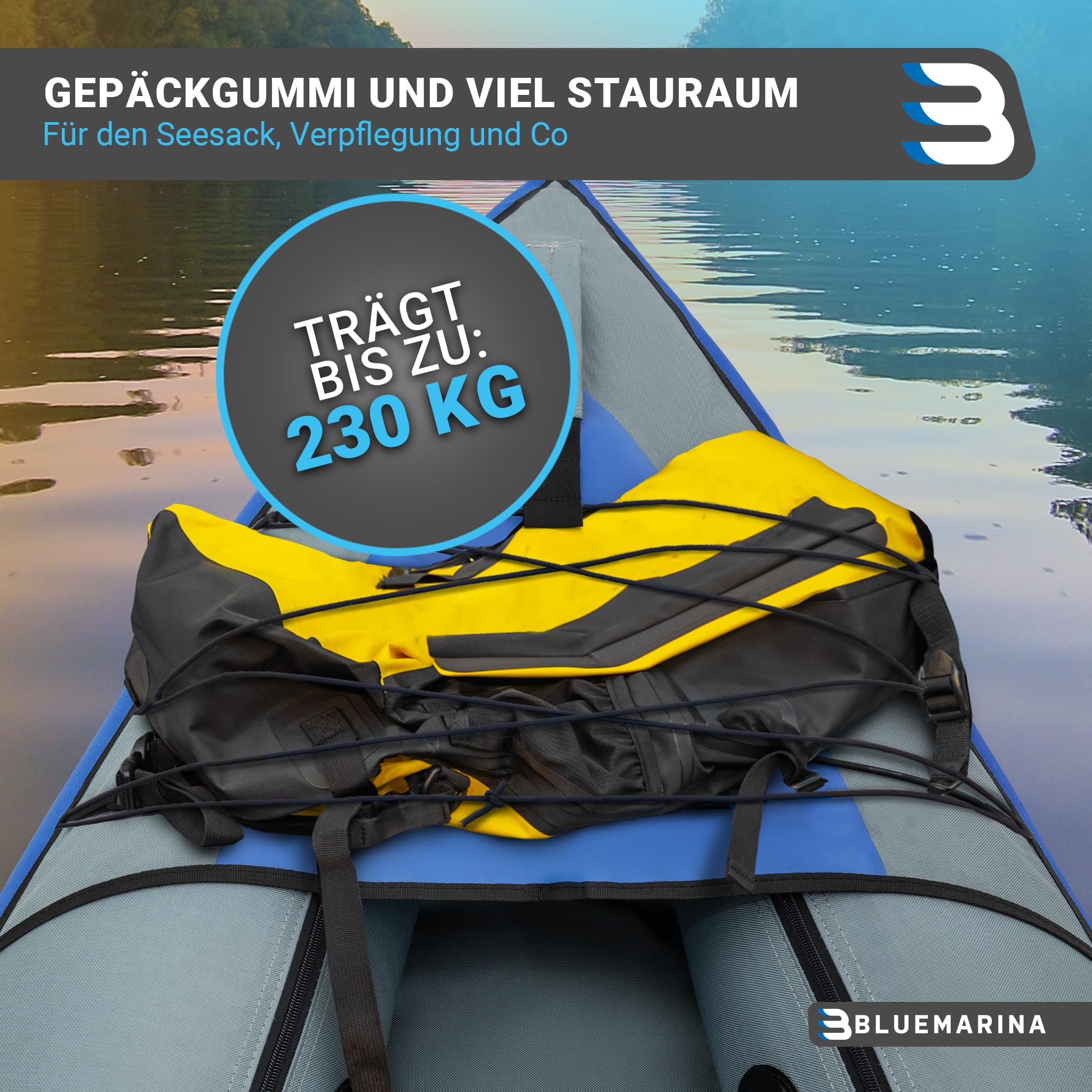 Bluemarina Kajak aufblasbar Samoa | Kanu für 1 oder 3 Personen - Luftkajak mit Paddel - Pumpe - Tasche - Aufblasbares Paddelboot - Kajaks Zubehör - Schlauchboot - Angelkajak - Wasserboot
