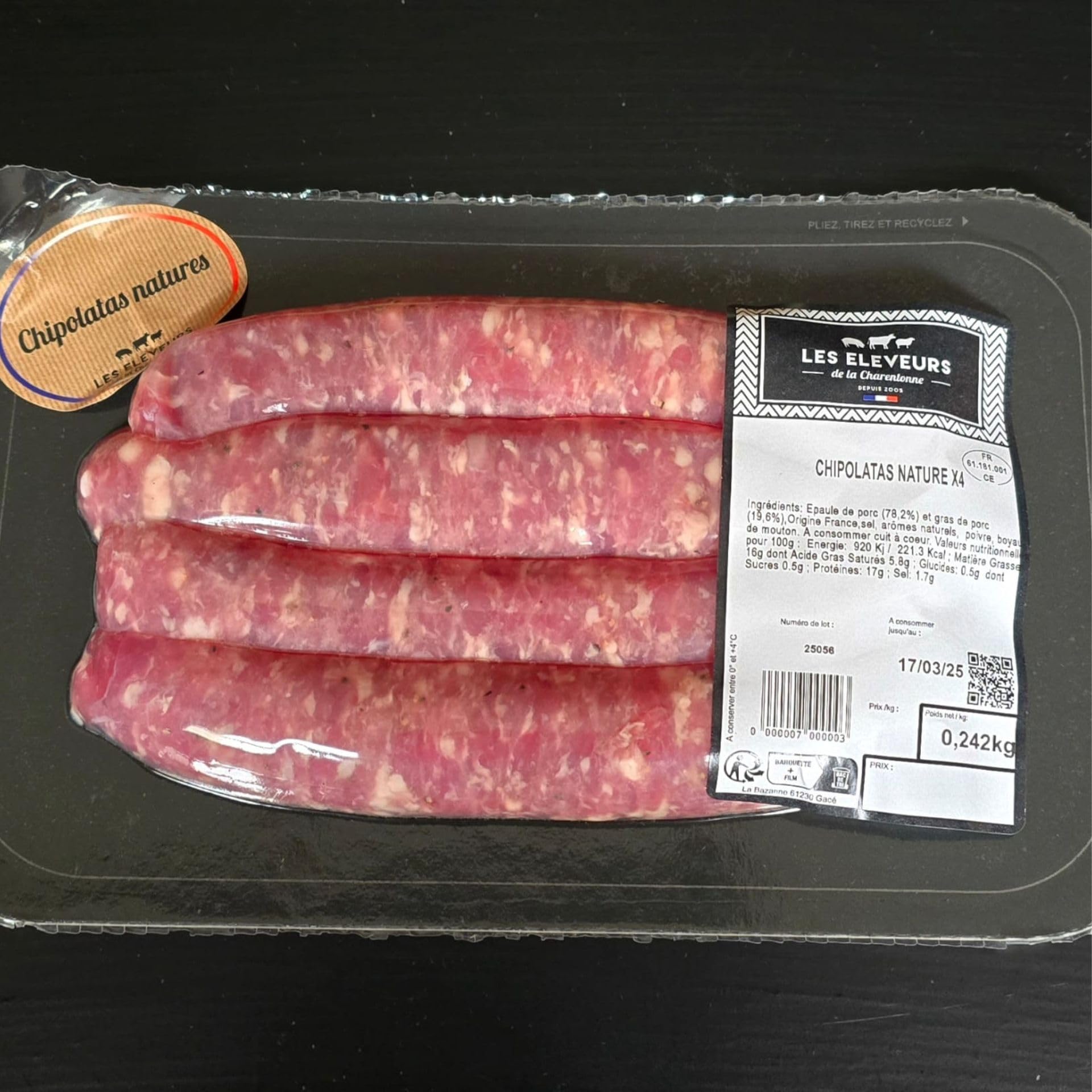 Chipolatas Nature x12 – 600g – Saucisses de Porc Français – Fabrication Artisanale – Idéal Barbecue – Normandie