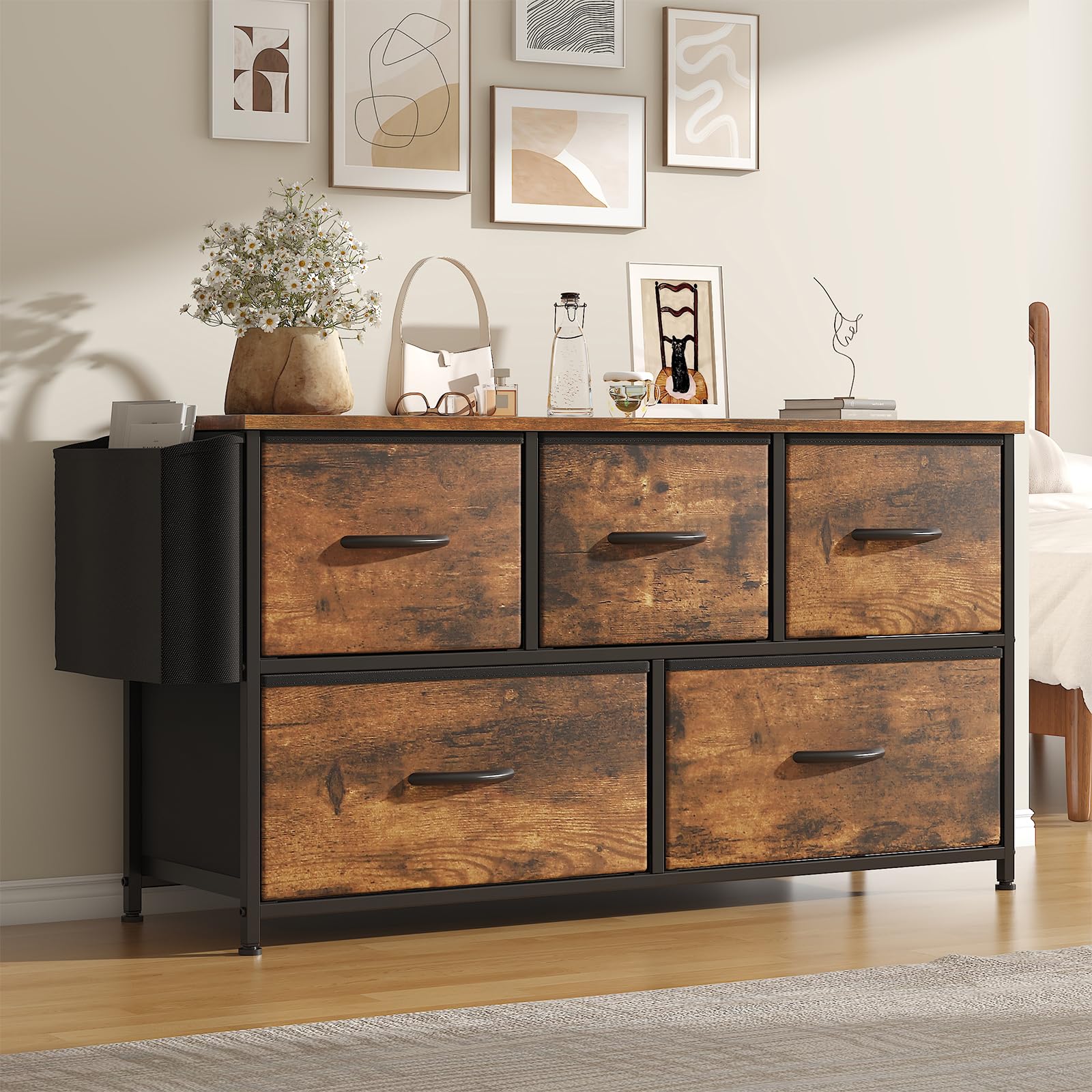 Feonase Fabric 5 Drawer Storage Cabinet with Side Pocket – Wide Dresser Chest for Bedroom, Hallway, Nursery & Closet, Metal Frame & Wood Top, Lightweight Storage Unit Rustic Brown — image 1