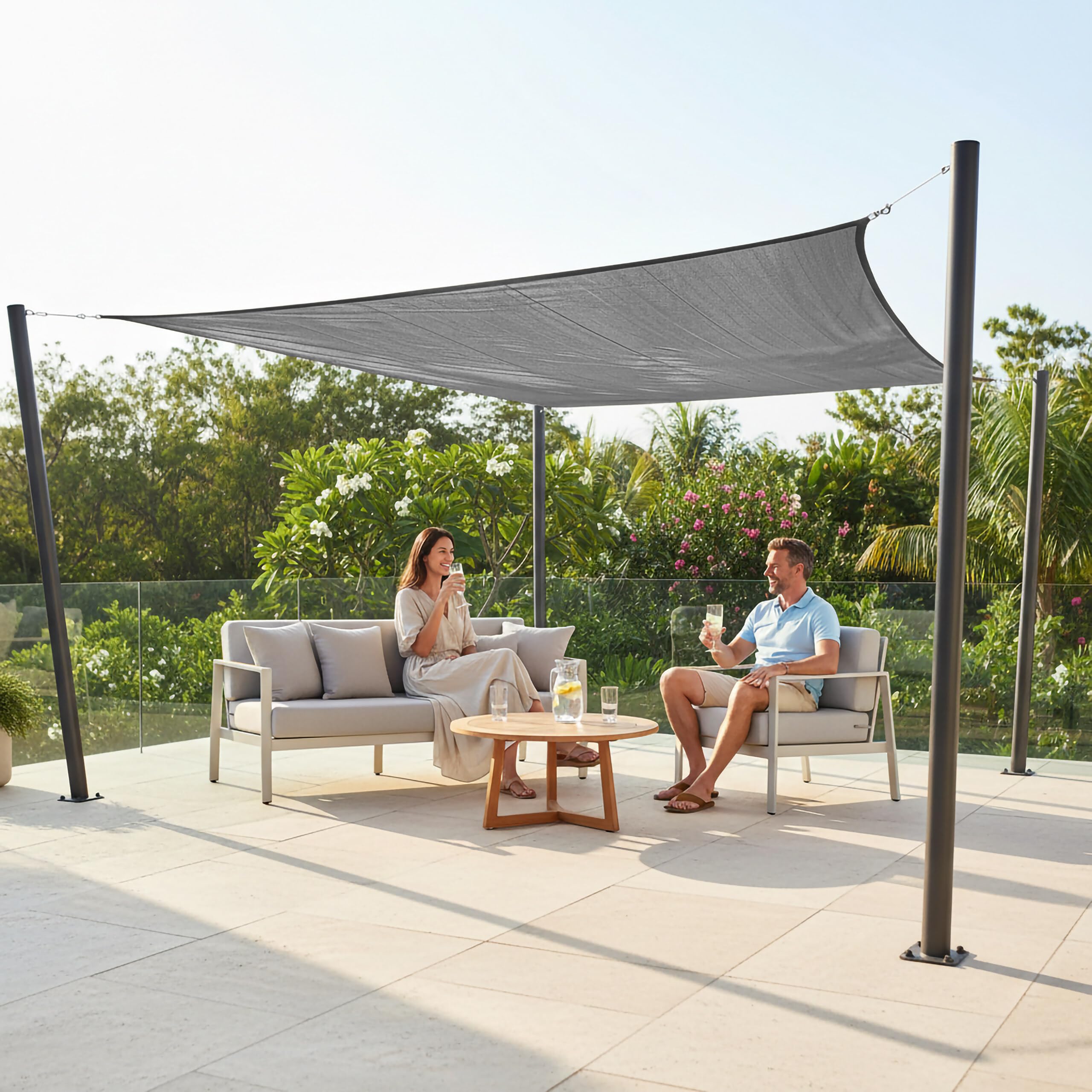 Relaxdays Żagiel przeciwsłoneczny, 5 x 5 m, HDPE, oddychający, do ogrodu i na balkon, płótno żaglowe, liny, kwadratowe, ciemnoszare