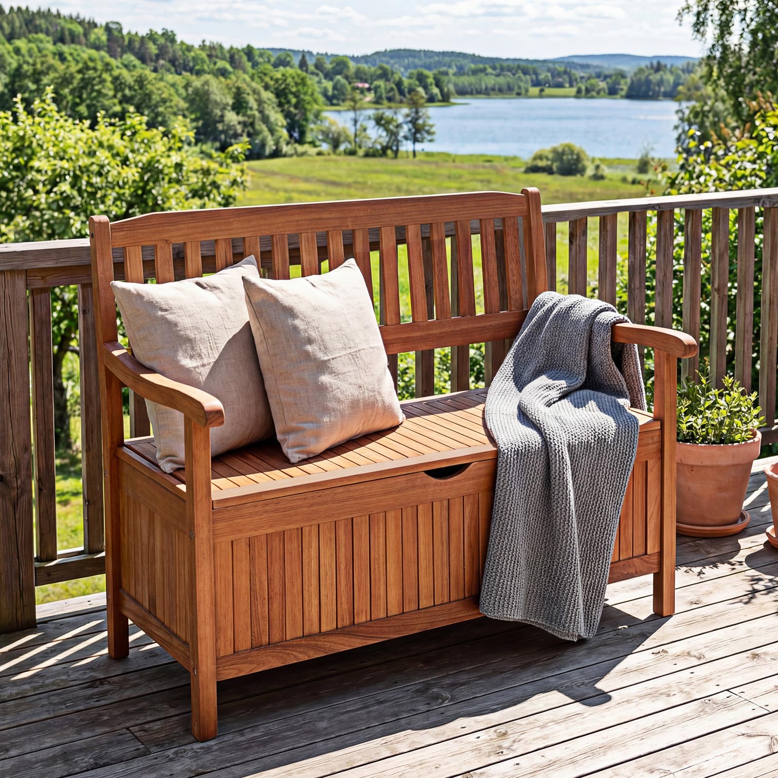 GIANTEX Gartenbank Holz mit Stauraum, Truhenbank mit Aufbewahrungsbox, 2-Sitzer Sitzbank Massivholz bis 360 kg belastbar, Terrassenbank Outdoor, Garten Holzbank mit Arm- & Rücklehne, 107x59x90cm