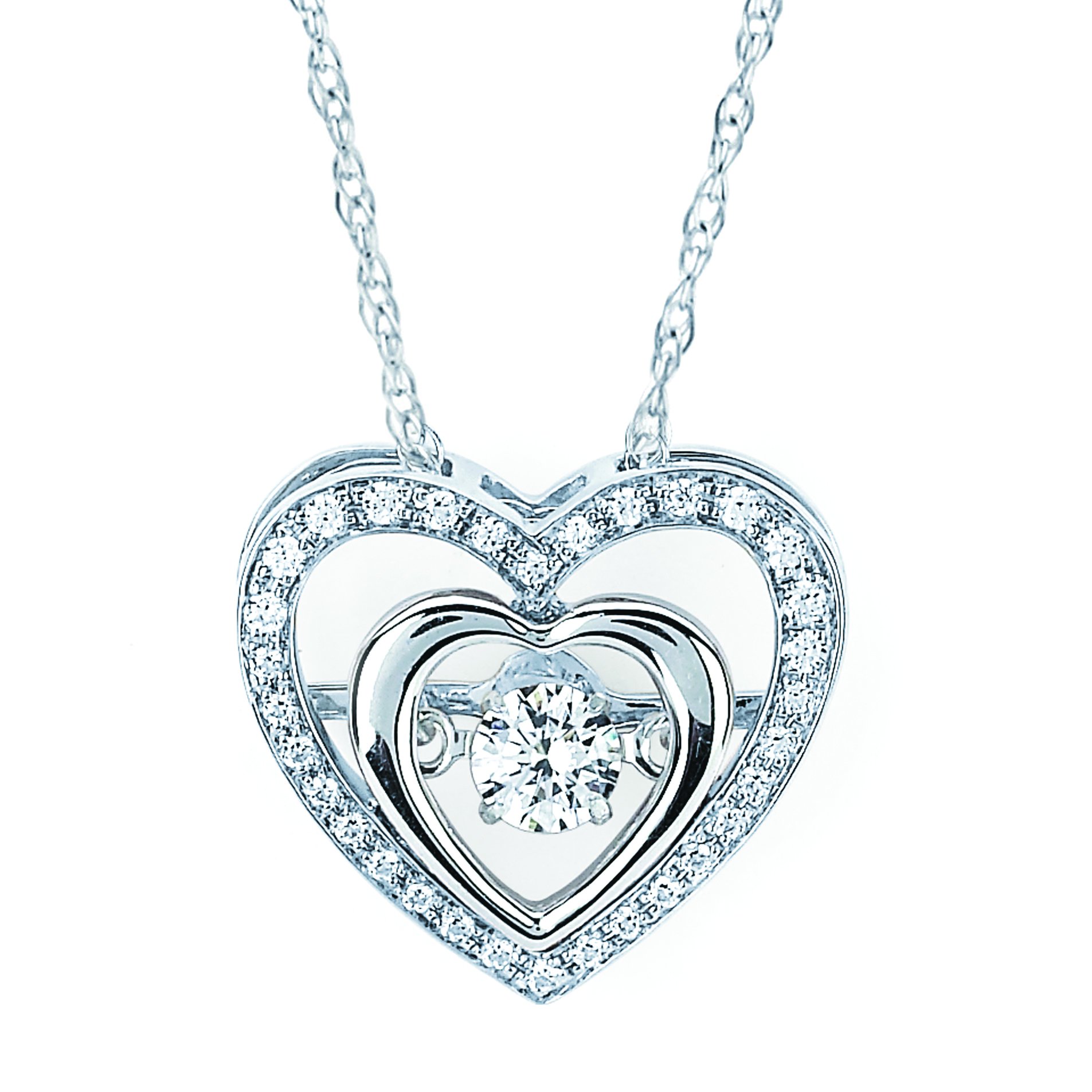 925 Sterling Silver 1/4 Cttw Diamond Double Heart Halo Pendant Necklace 18" With Rope Chain (I Color, I1 Clarity)
