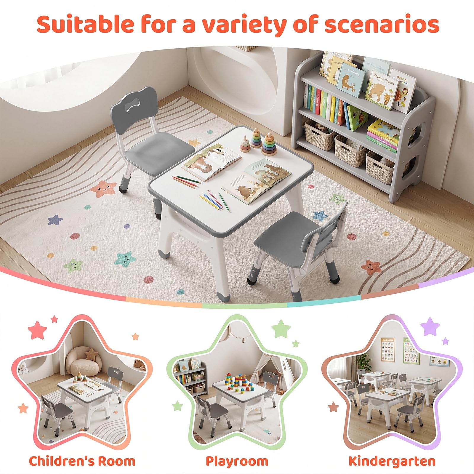 MAMIZO Kindertisch-Stuhl Set, Kindersitzgruppe mit 2 höhenverstellbaren Stühlen, Maltisch für Kinder mit bemalbarer Tischplatte & Stauraum, multifunktionaler Kinderspieltisch 70x50 cm, Grau