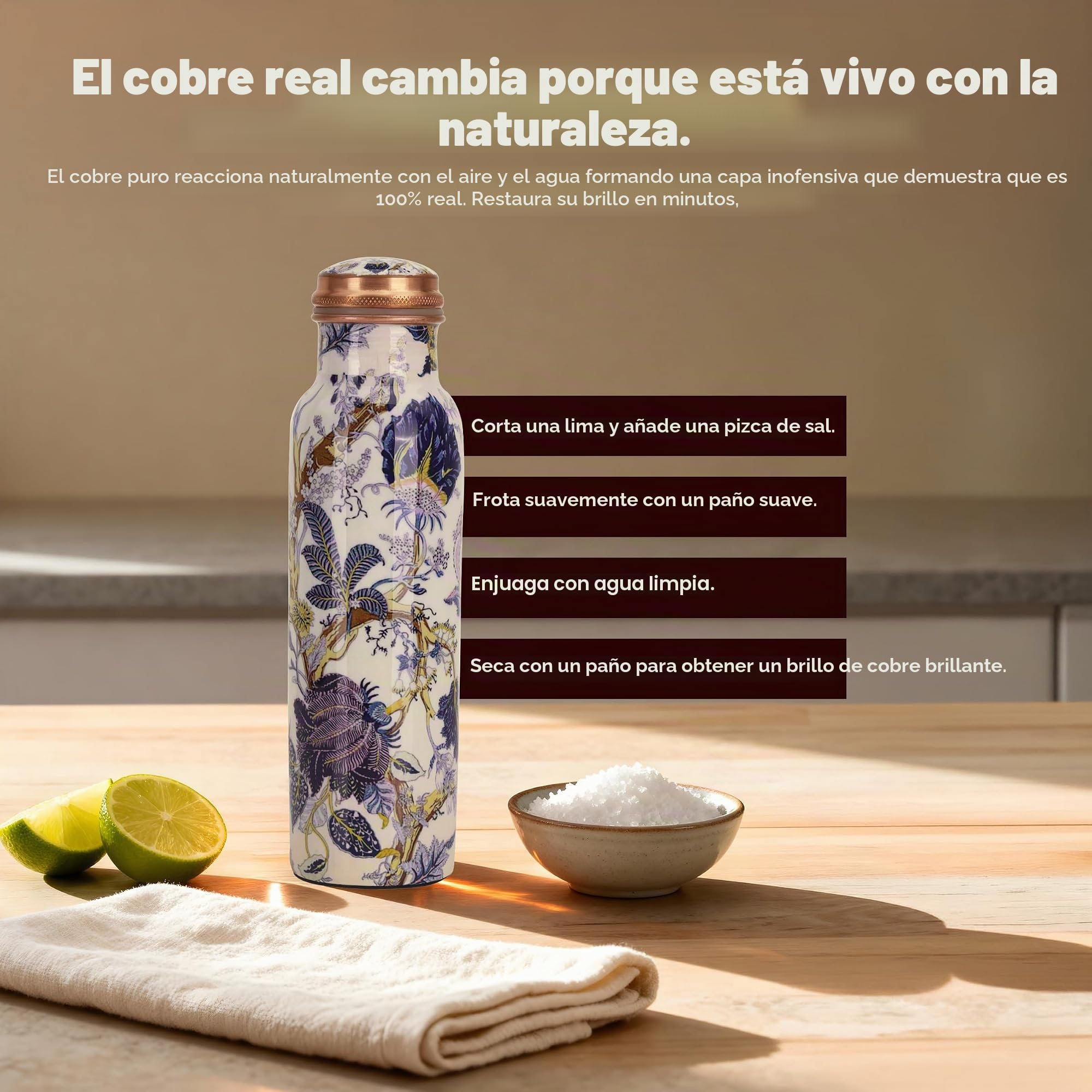 Botella de agua de cobre ayurvédica de 32 onzas, recipiente de cobre puro para beber, botella de cobre a prueba de fugas con bolsa de transporte para deportes, fitness, yoga