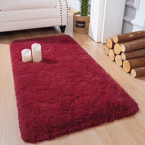 Chicrug Soft Runner Rug for Bedroom Living Room Plush Fluffy Rug 2x4 Feet, Shag Furry Runner Rug Carpet Non Shedding for Nursery Children Kids Girls Room Home Decorative, Wine Red