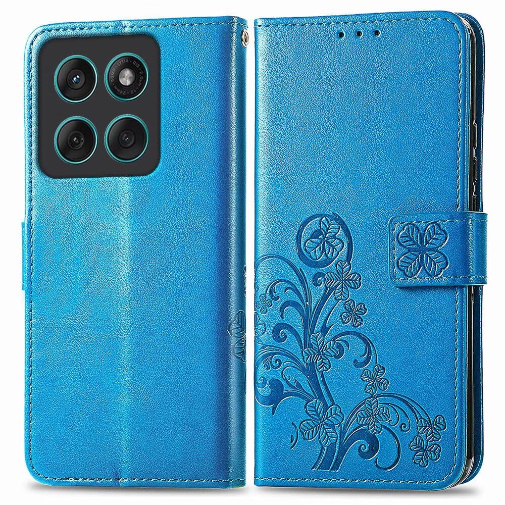 RankOne Skórzane etui do Motorola Moto Edge 60 / Edge 60 Fusion (6,67" cala), Wallet Case z 3 przegródkami na karty 1 przegródka na monety czterolistny wzór koniczyny - niebieski