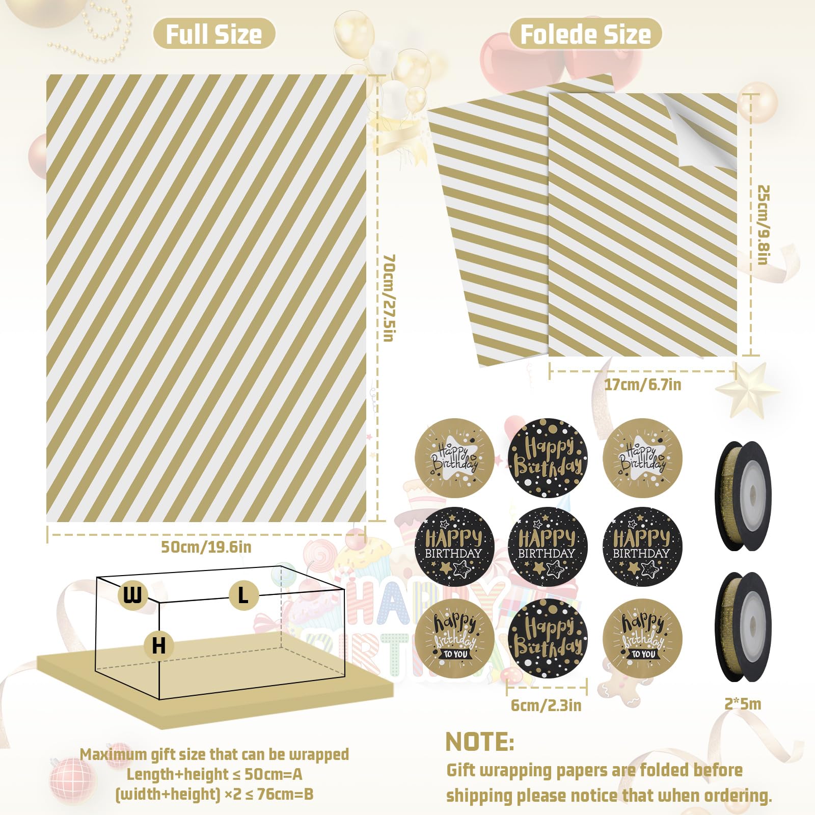 Black And Gold Foil Wrapping Paper, 6 Sheets Gift Wrapping Paper Set With Ribbon Stickers - Star Polka Dot Striped Pattern - Gift Wrap For Men Birthdays Weddings Graduation All Occasions