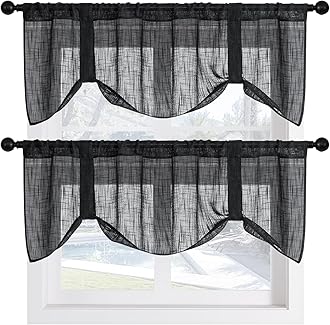 Home Queen Adjustable Burlap Tie Up Valances, Semi Sheer Faux Linen Balloon Valences for Office and Living Room, Set of 2, W 54" X L 20", Black