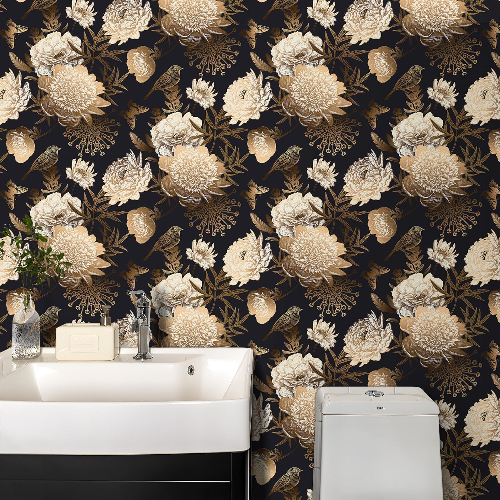 Decotalk Tapete Schwarz Gold Blumen Selbstklebende Tapete Blumen Schlafzimmer 44.5X900cm Klebefolie Schwarz Gold Wandtapete Selbstklebend Möbelfolie Dekorfolie Klebefolie PVC Vinyl Wandaufkleber