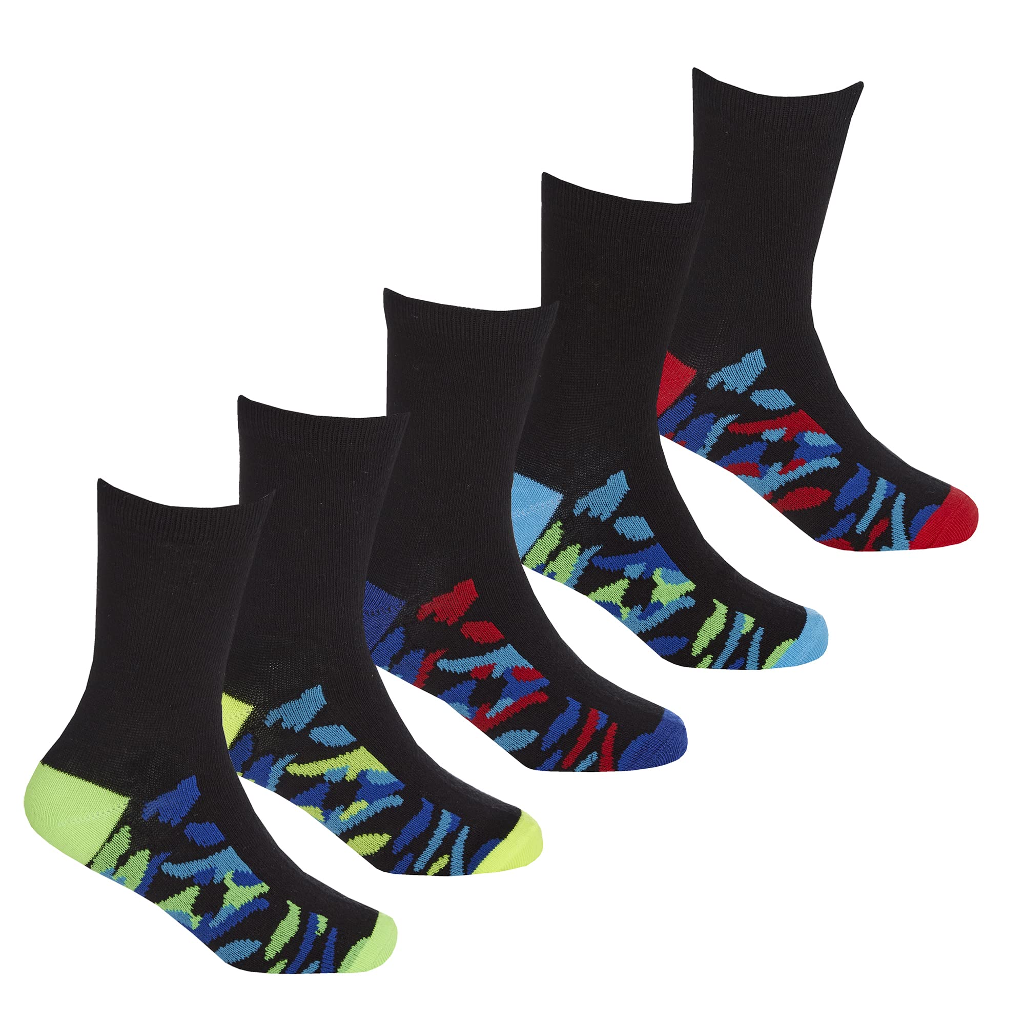 Metzuyan 5 Pairs Kids Boys Childrens Socks Mid Calf Novelty Camo Colour Spots Green 6-8.5