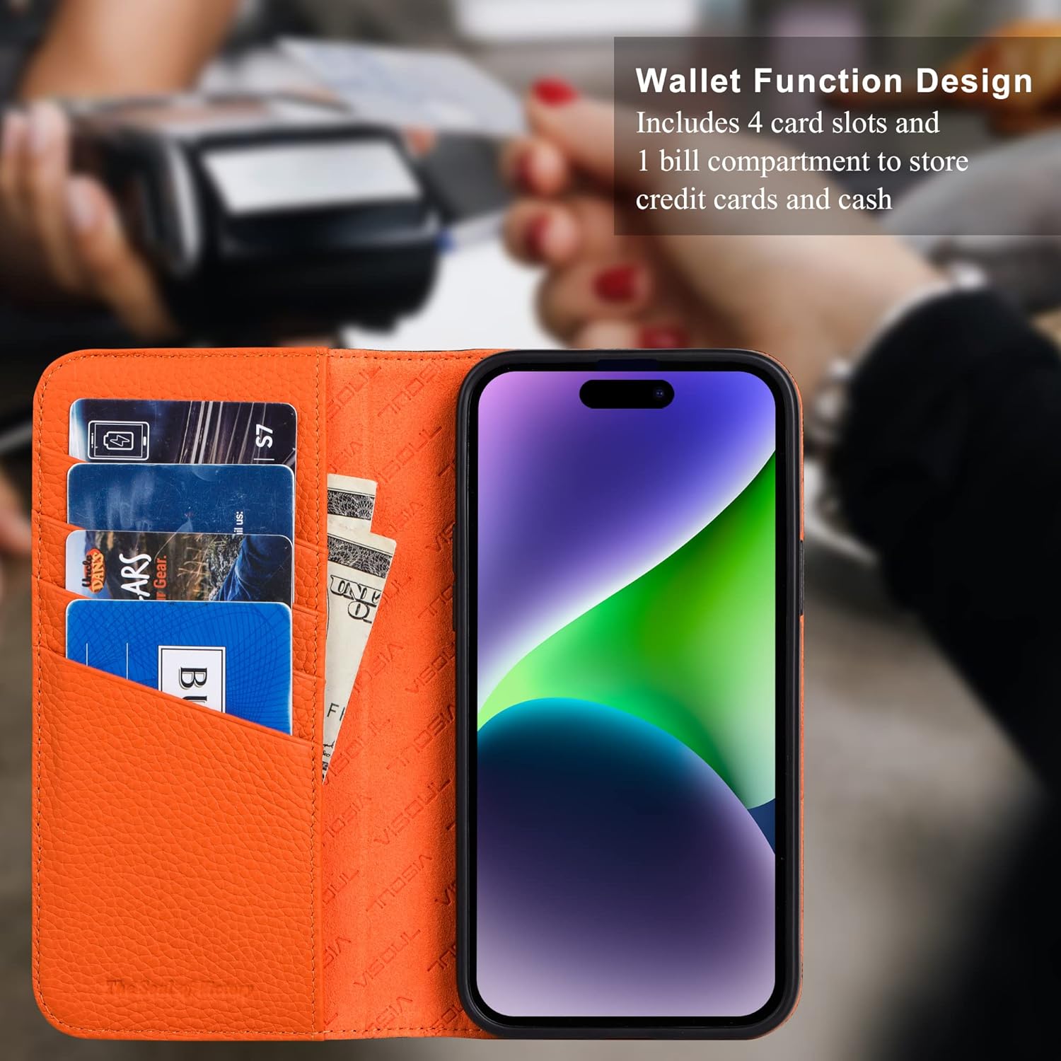 VISOUL Genuine Leather Wallet Case for iPhone 14 Pro Max (6.7") with Card Holder, Magnetic Flip Cover & Kickstand - Black+Orange - Image 4