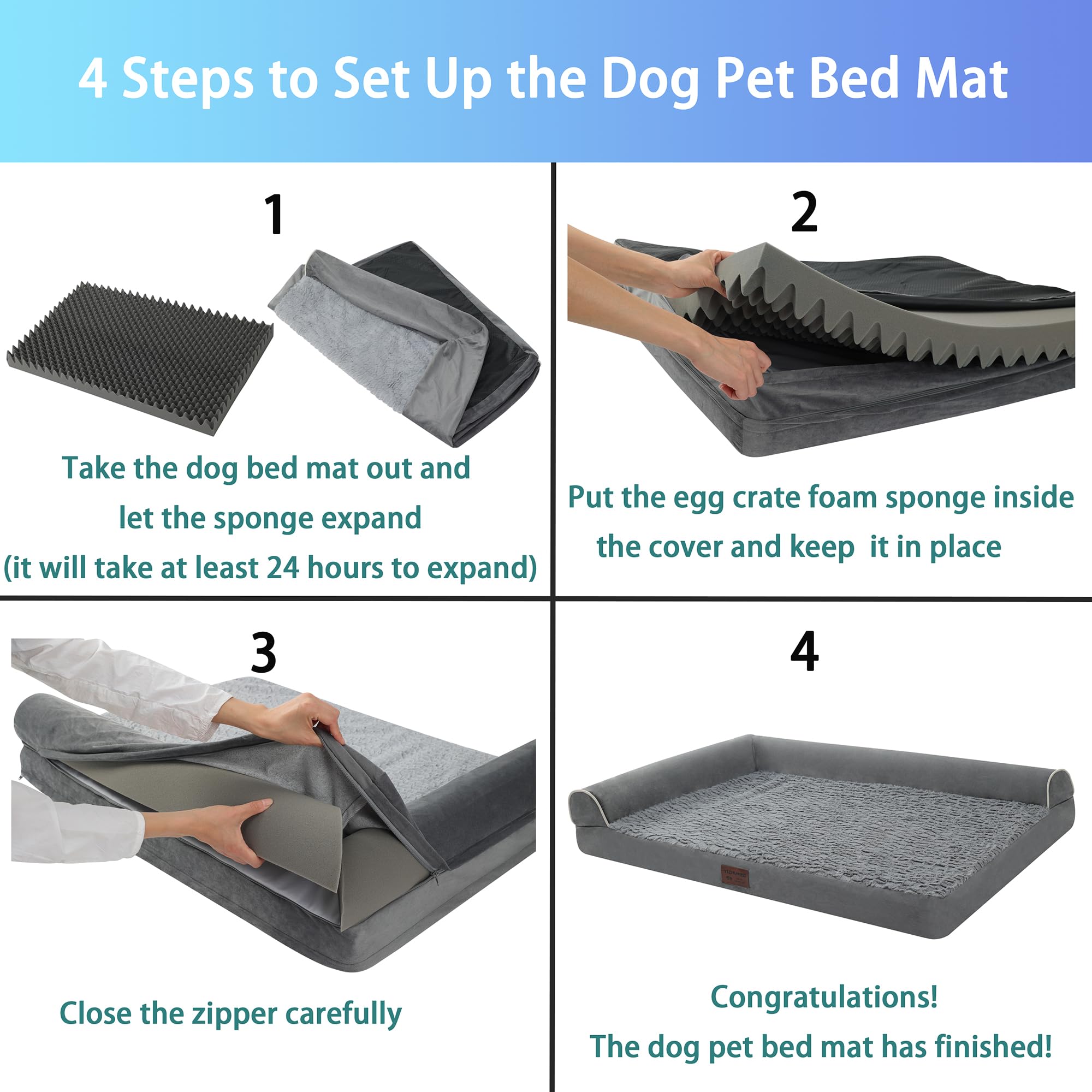Orthopedic Dog Bed Waterproof Dog Beds for Large Dogs Deluxe Plush L-Shaped Dog Couch Beds with Egg Crate Foam Removable Washable Cover & Nonskid Bottom(Grey, XXL(50''x36''x7.5''))â€¦