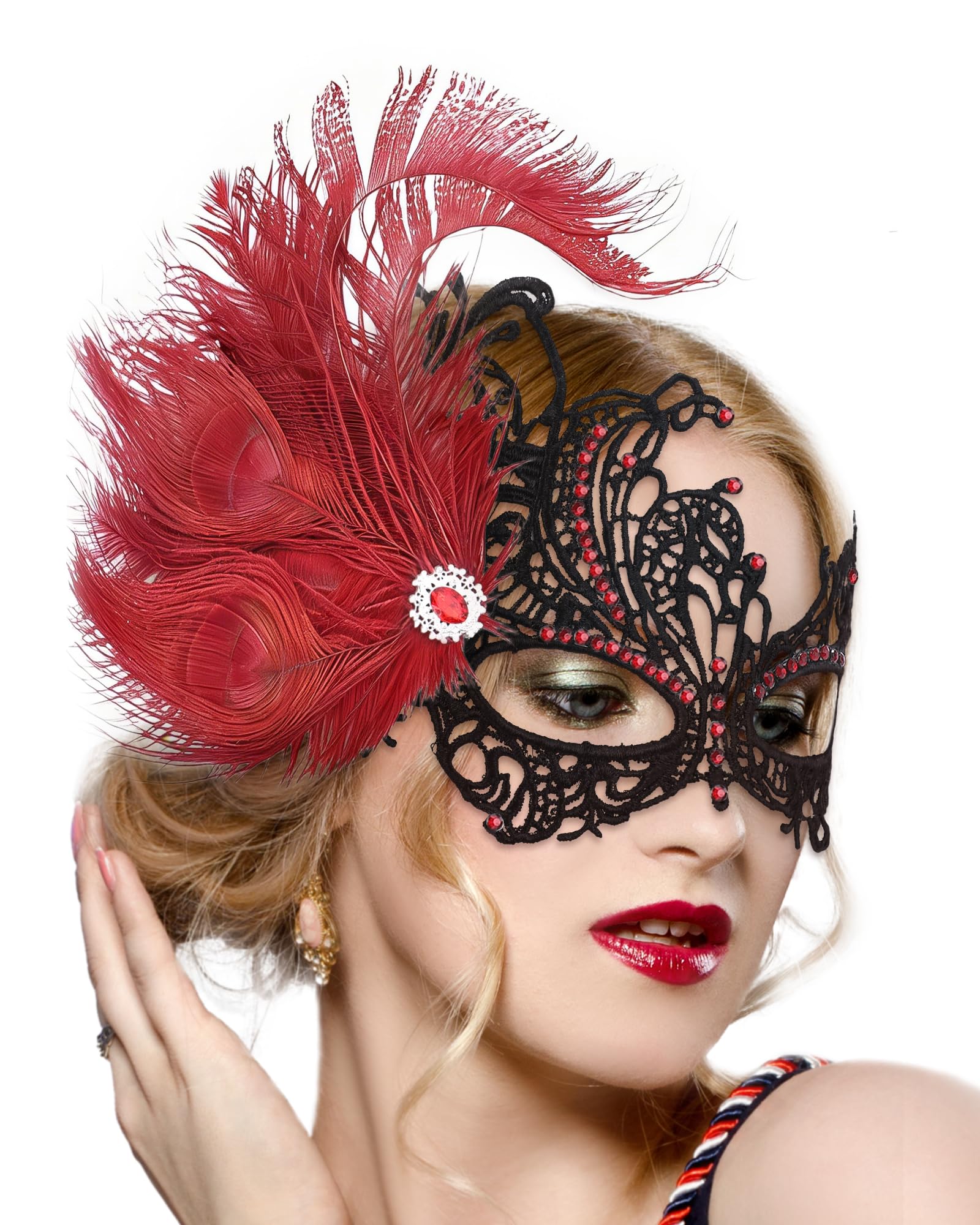 ETOFETE Feather Masquerade Mask for Women Red Venetian Lace Eyemask — image 1