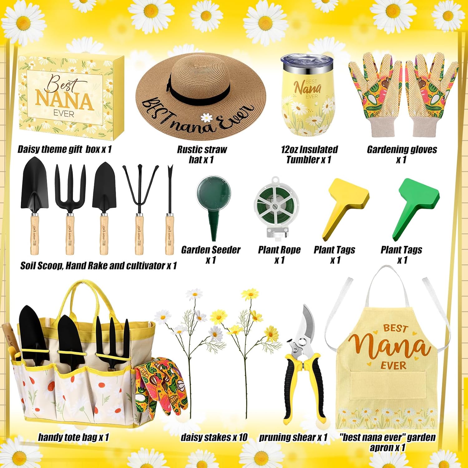 Lasnten 16 Pcs Garden Gift for Christmas Women Mom Grandma Birthday Gift Garden Tools Set Best Ever Mother Present for Her from Daughter Son Granddaughter Grandson(Daisy)
