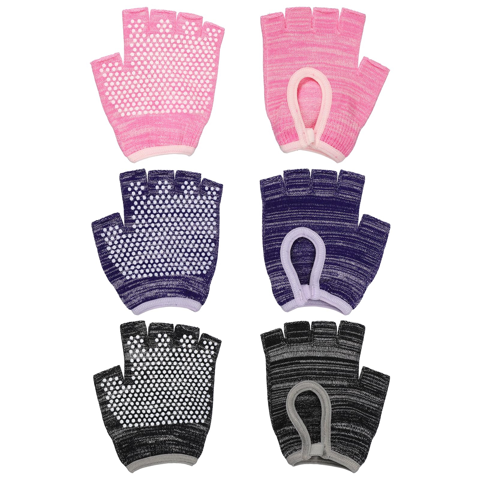 YELARXI Yoga Gloves, Non Slip Fingerless Pilates Gloves Breathable Exercise Workout Mittens - Fitting For(Men Women Gym/Weight Lifting/Cycling/Training), 3 Pairs & Black Grey/Purple/Pink