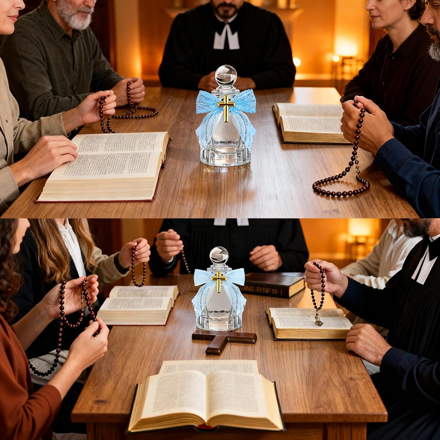 24 Sets Holy Water Bottles Catholic Bulk,50ml Clear Glass Containers with Cross Lapel Pin, Lace Bow, Organza Bags for Communion, Baptism, Wedding Favors (Blue)