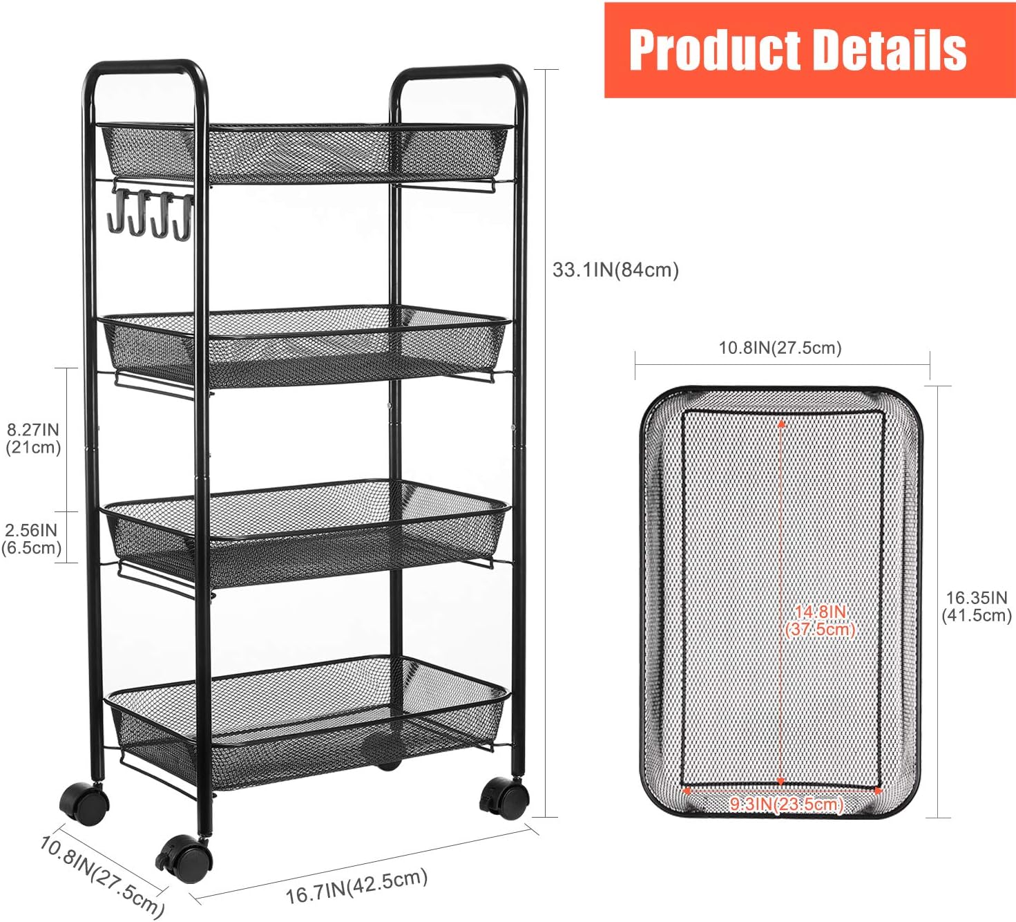 YIUKEA Mesh Rolling Utility Cart 4-Tier Metal Storage Organizer with Steel Wire Baskets and Lockable Caster Wheels,Multifunction Shelving Trolley Cart for Kitchen Bathroom