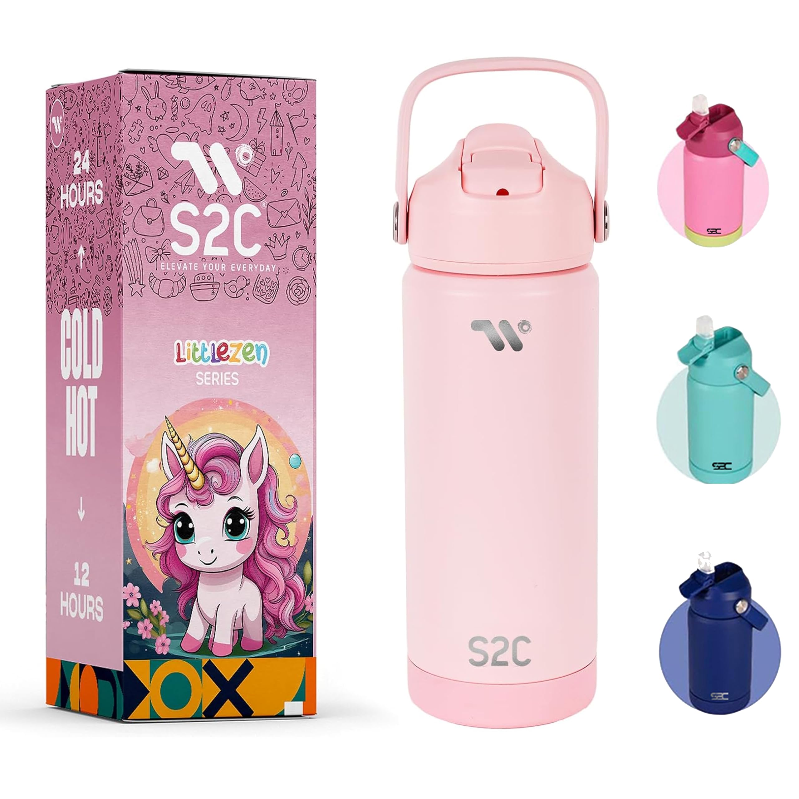S2CKids Insulated Water Bottle 550ml– Stainless Steel, Leak-Proof, BPA-Free, Double Wall Vacuum Flask with Straw Lid & Handle – Cute Pastel Colors for School, Sports & Travel (PINK, 18 OZ)