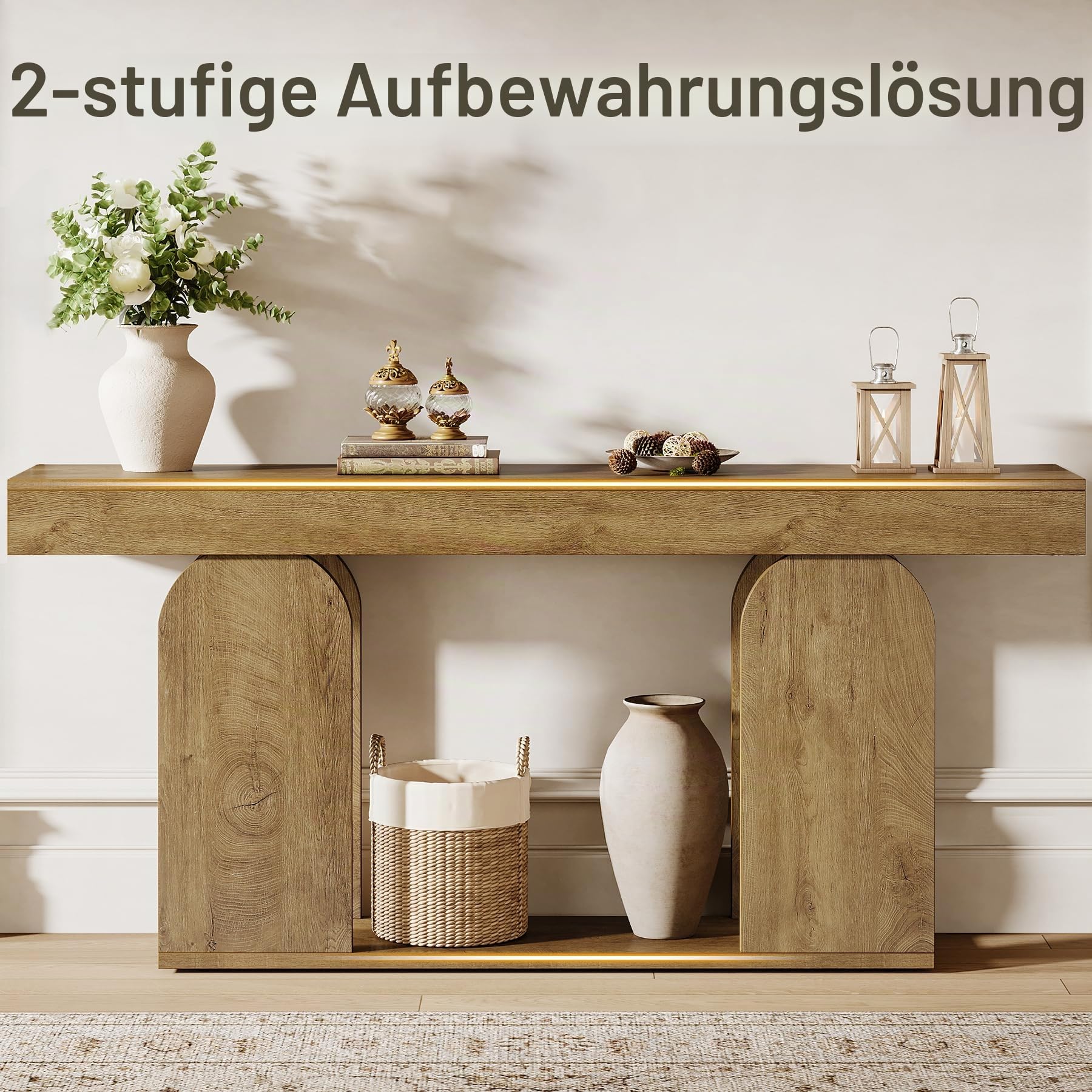 Tribesigns Konsolentisch, 160 x 30 x 85cm Konsolentisch Holz, Wohnzimmertisch mit U-förmigem Sockel, 2-Stufige Sofatische für Eingang, Flur, Wohnzimmer, Hellbraun