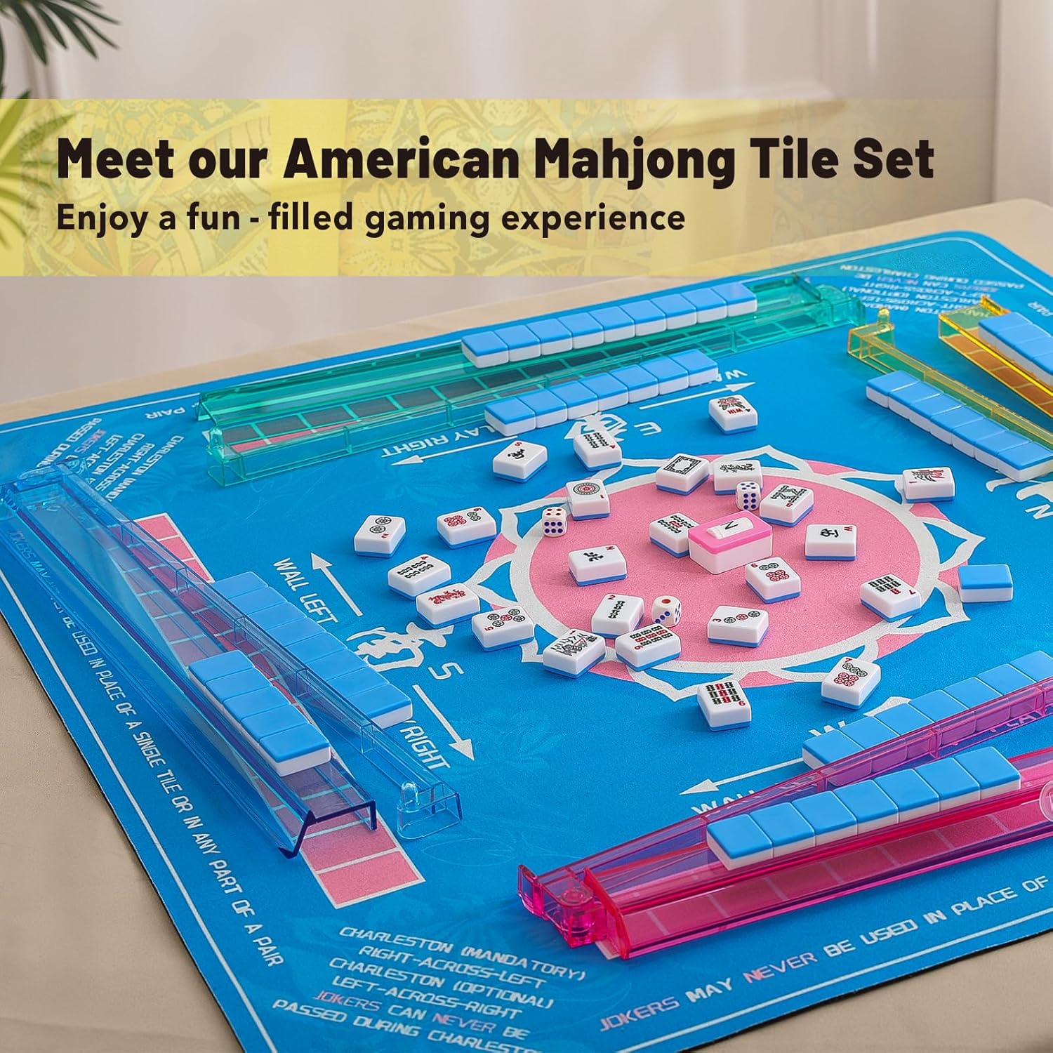 American Mahjong Tile Set with Yellow Printed Carrying Bag, 166 Blue Tiles, 4 All-in-One Color Racks/Pushers, Mah Jongg Sets, Mahjong Game Set for Travel, Christmas, Birthday Gifts Yellow?blue Tiles?