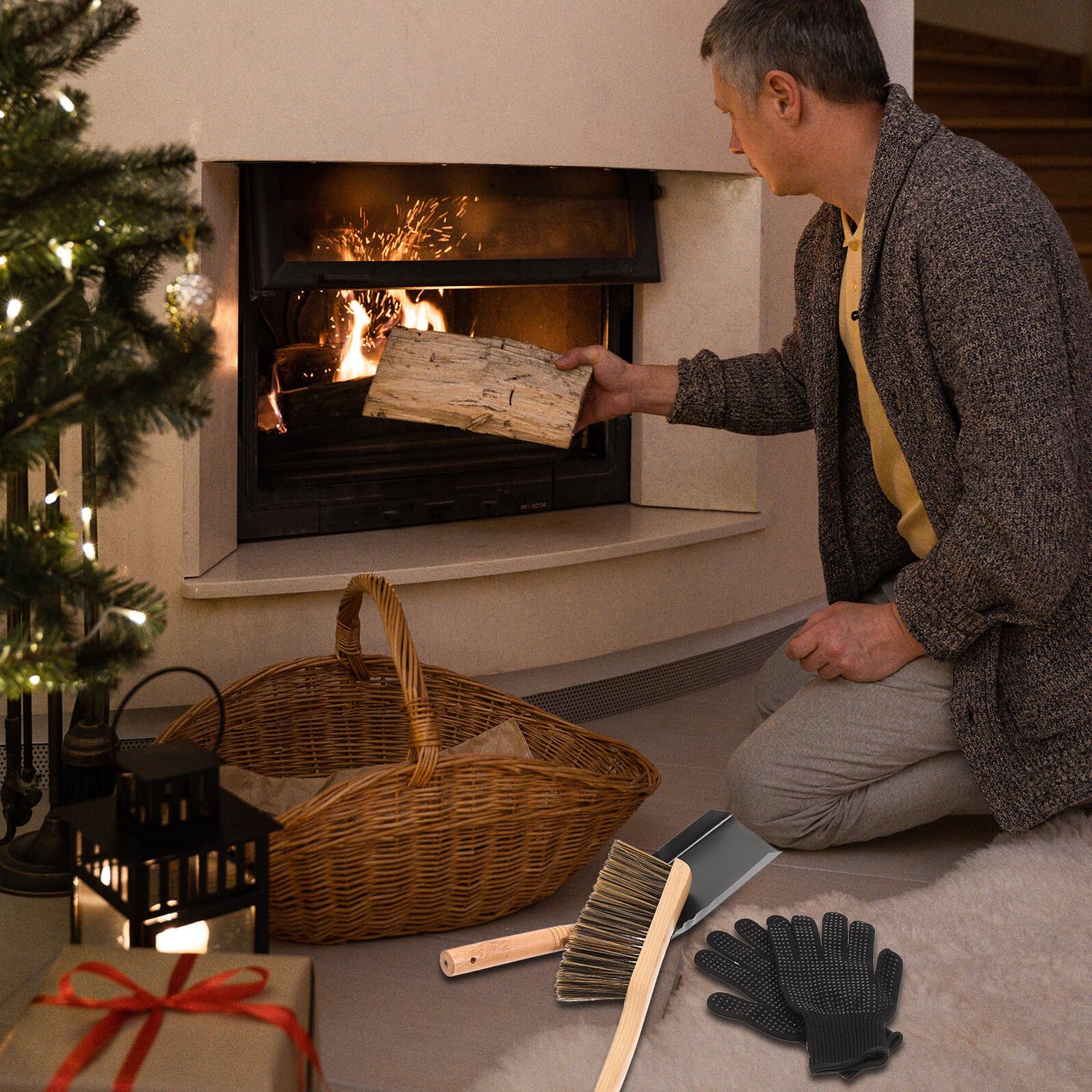 Mobestech Set Pala per Pulizia Stufa e Caminetto in Ferro Spazzola in Legno, Multiuso per Cenere Carbone e Detriti, Accessorio per Manutenzione Riscaldamento Casa