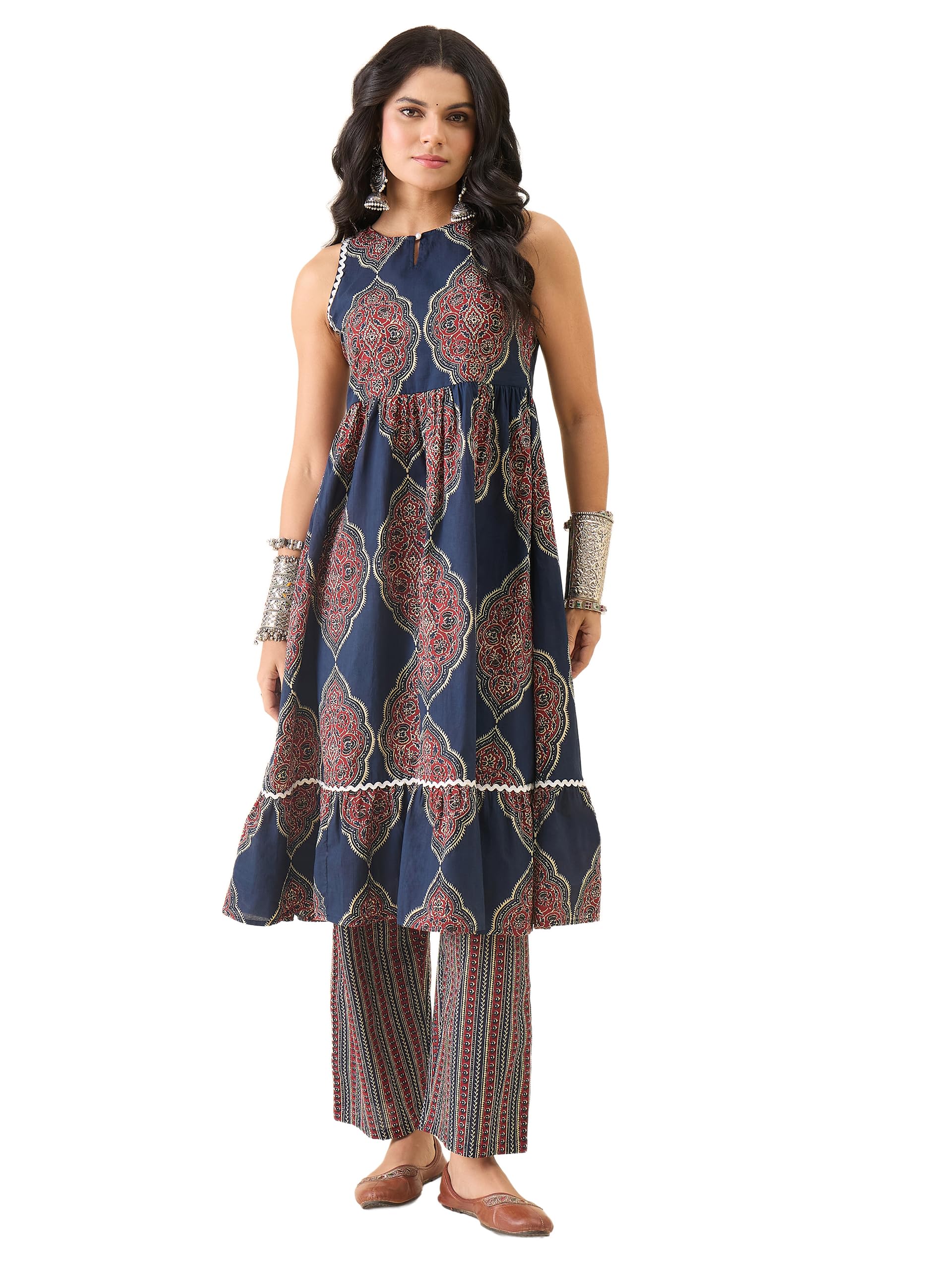 winered Women's Navy Blue Printed Sleeveless A-Line Kurta with Pant Set | Round Neck Ethnic Wear | Casual & Festive-picture-14