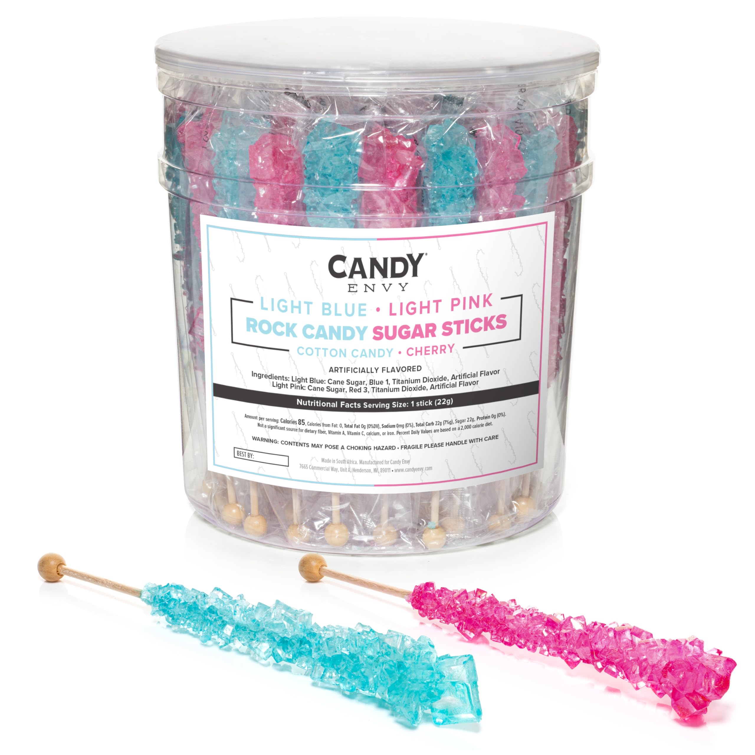 Light Blue and Light Pink Rock Candy Sugar Sticks - 36 Individually Wrapped Treats - Cotton Candy & Cherry Flavored