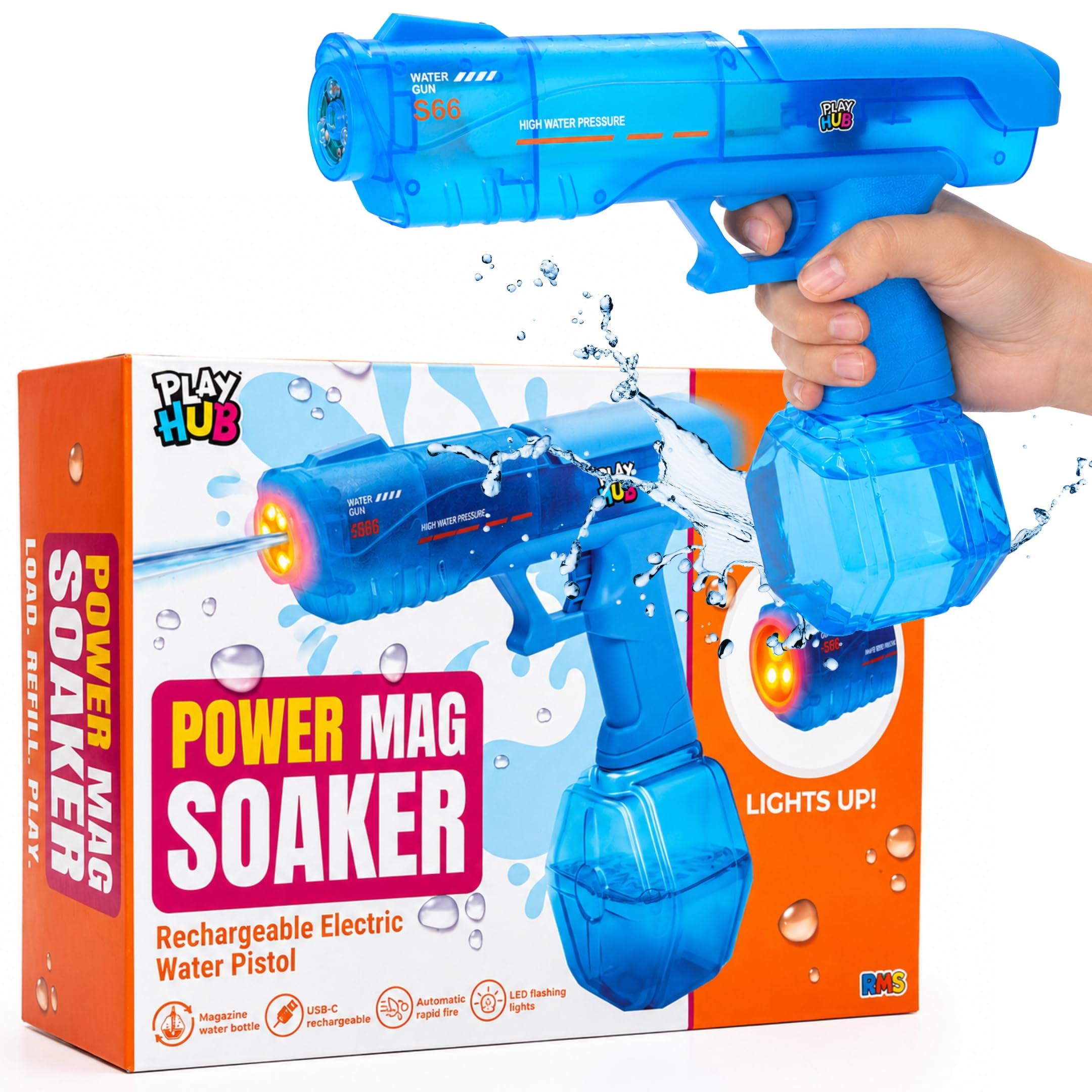 abeec Electric Water Gun with LED Lights | Automatic Rechargeable Water Pistol for Kids and Adults | 400ml Quick-Load Tank, 5m+ Range | USB Charging Water Blaster Age 6+ | Garden, Pool and Beach