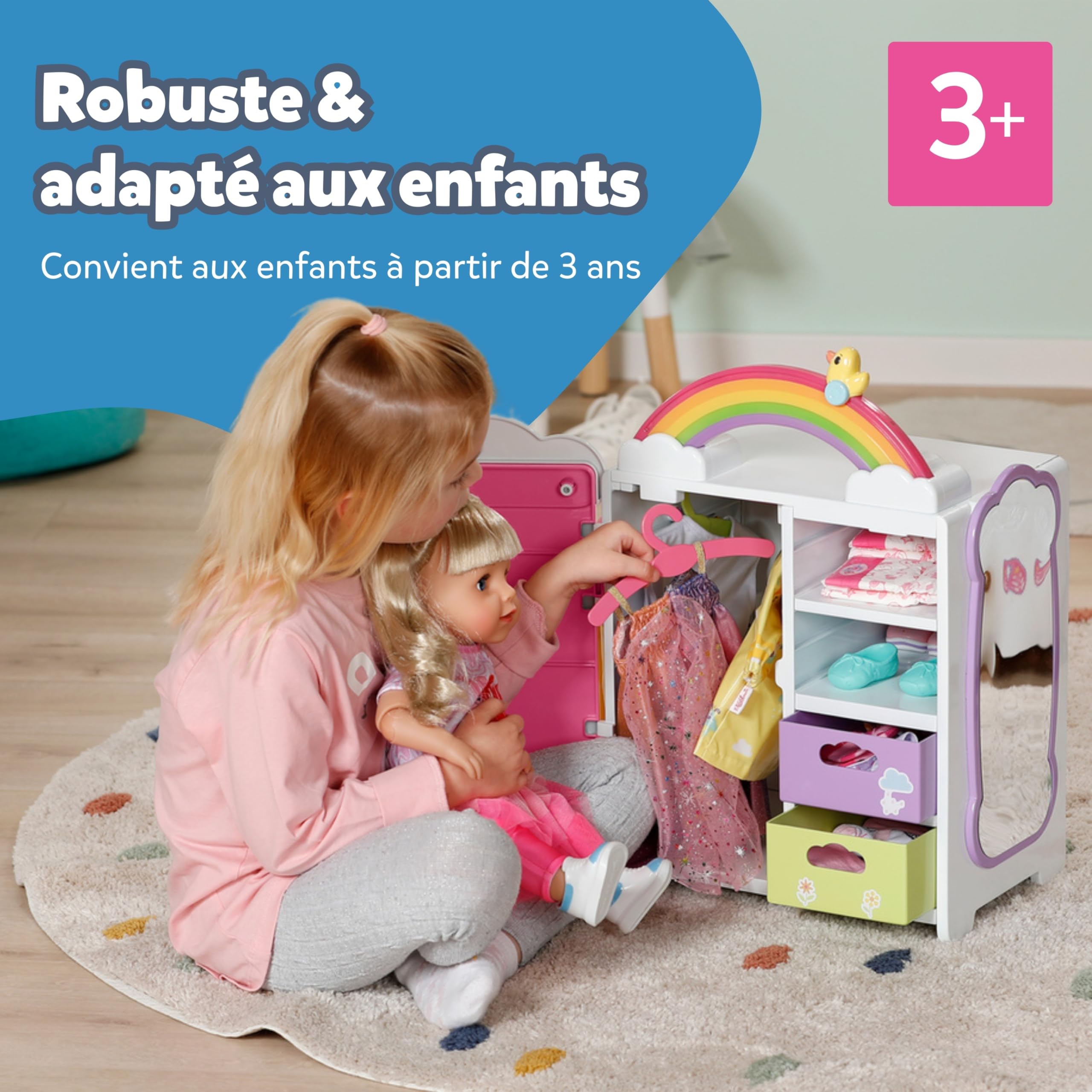 BABY born Armoire Arc-en-Ciel - Rangement pour Les vêtements de la poupée - avec Arc-en-Ciel & Sons - Accessoires de la poupée y Compris Les tiroirs à Chaussures, Les cintres & Les Autocollants