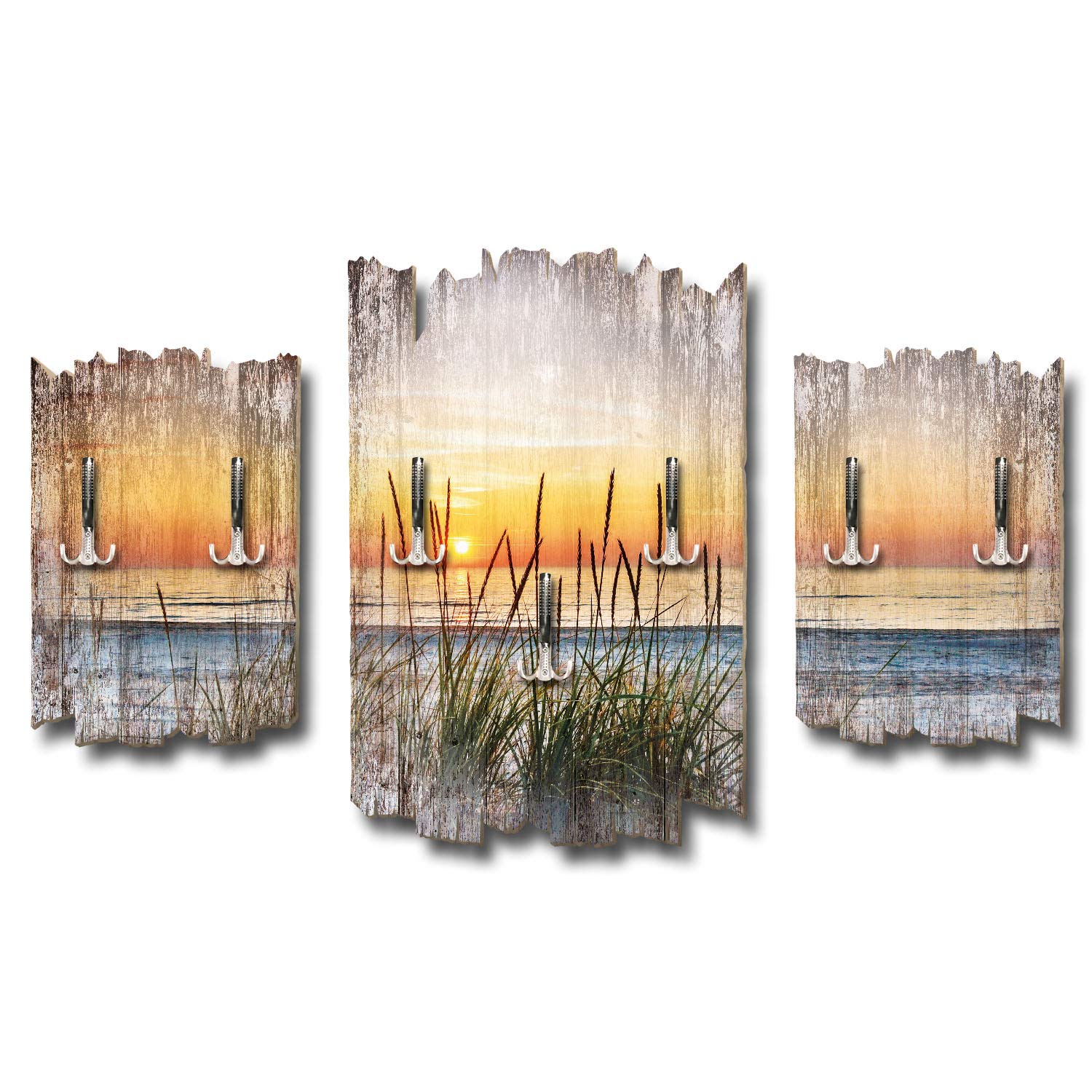 Kreative Feder 3-teilige Designer Wandgarderobe Abendspaziergang am Strand - Flurgarderobe Wandpaneele Größe 95x60cm aus MDF (Abendspaziergang am Strand)