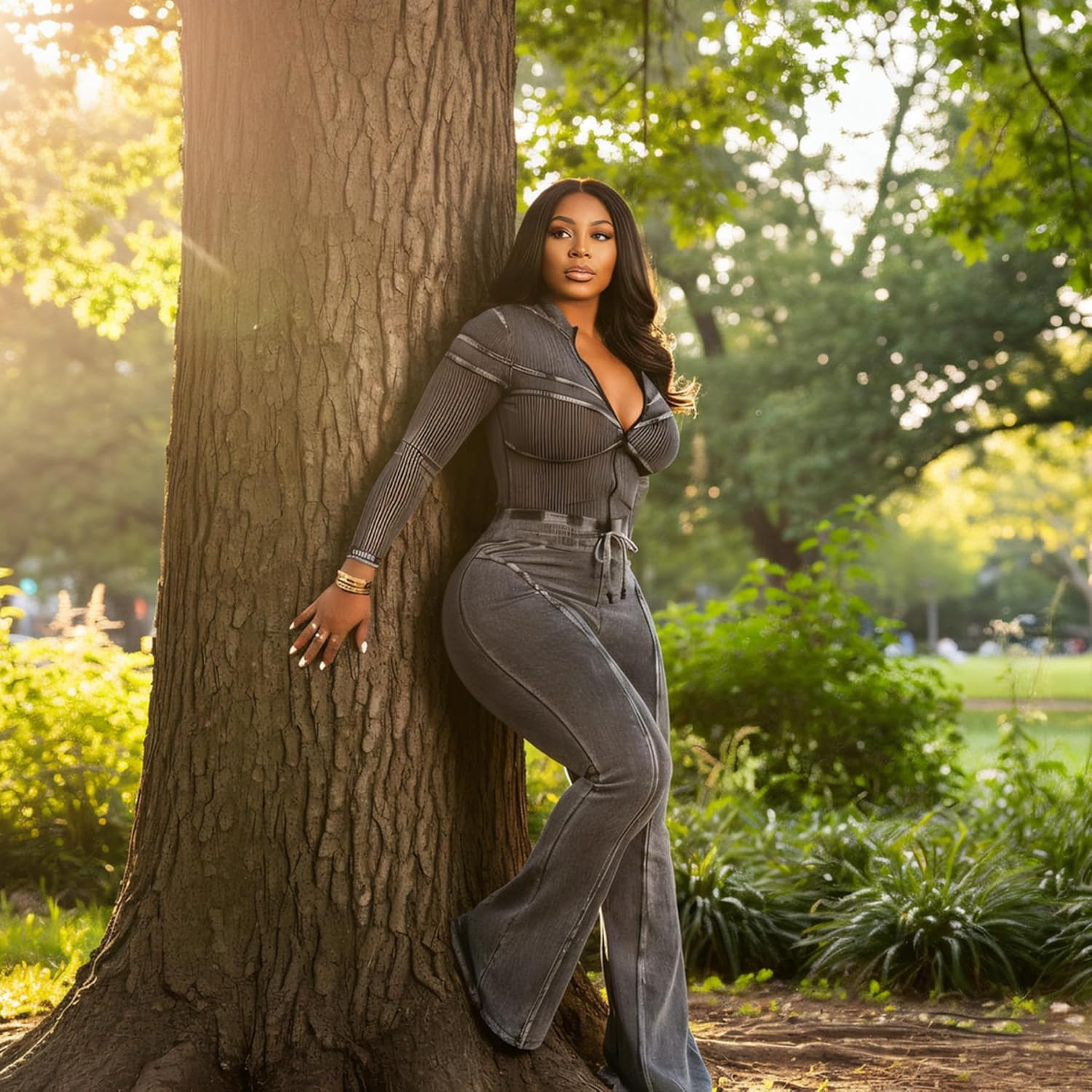 Voghtic Women 2 Piece Outfits Ribbed Bodycon Tracksuit Long Sleeve Zip Up Cropped Jacket Matching Leggings Flared Pants Sets - Image 7