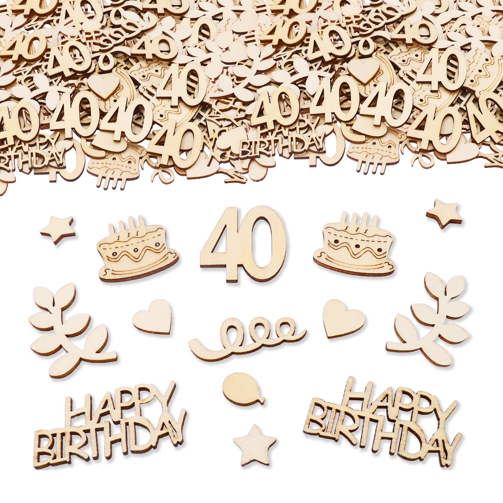 Bolosa 100pcs Wooden 40th Birthday Confetti, Age 40 Happy Birthday Wooden Cutouts with Mixed Rustic Shapes, Table Scatters for Cake Table, Gift Wrapping & Card Making for Men, Women & Family Parties