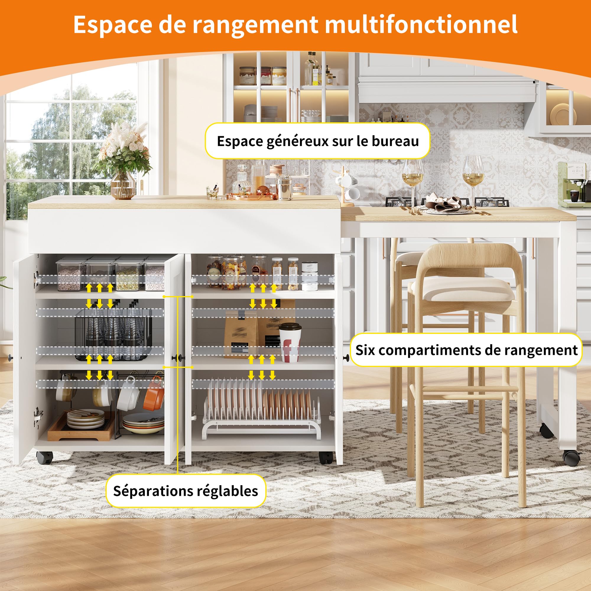 Îlot Central Cuisine avec Plan de Travail Extensible 117-180x50x94 cm, Table de Bar avec Rangement, Modèle Télescopique, Buffet et Séparateur de Pièce avec 6 Compartiments, Blanc