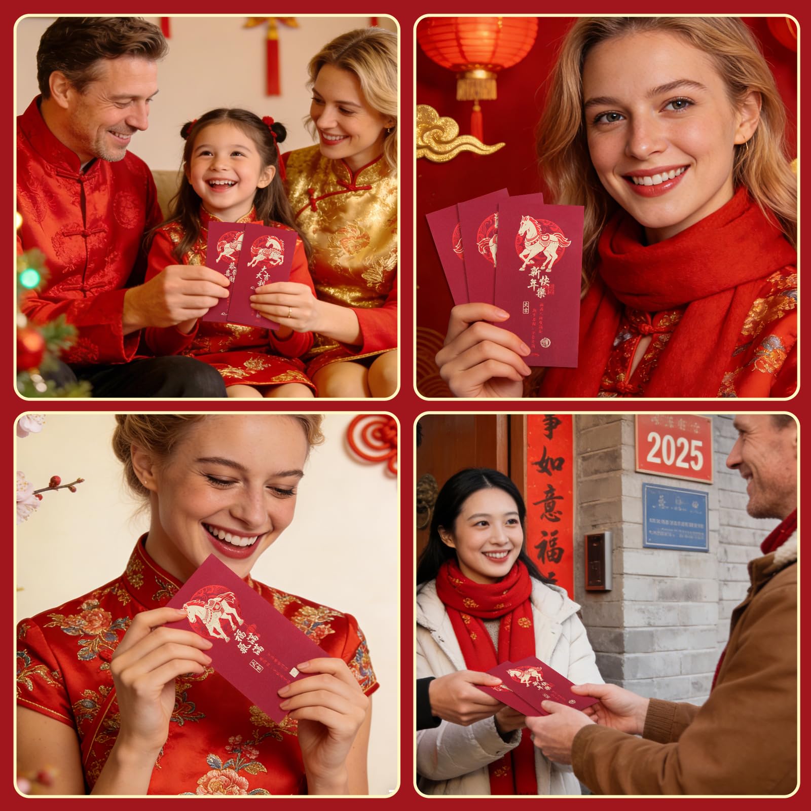 Briefumschläge 2026 Jahr des Pferdes Rot, 6 Stück mit goldfarbenen geprägten Mustern – Mondneujahr Hongbao für Segen, chinesisches Neujahrsgeschenk, Partydekorationen und Zubehör