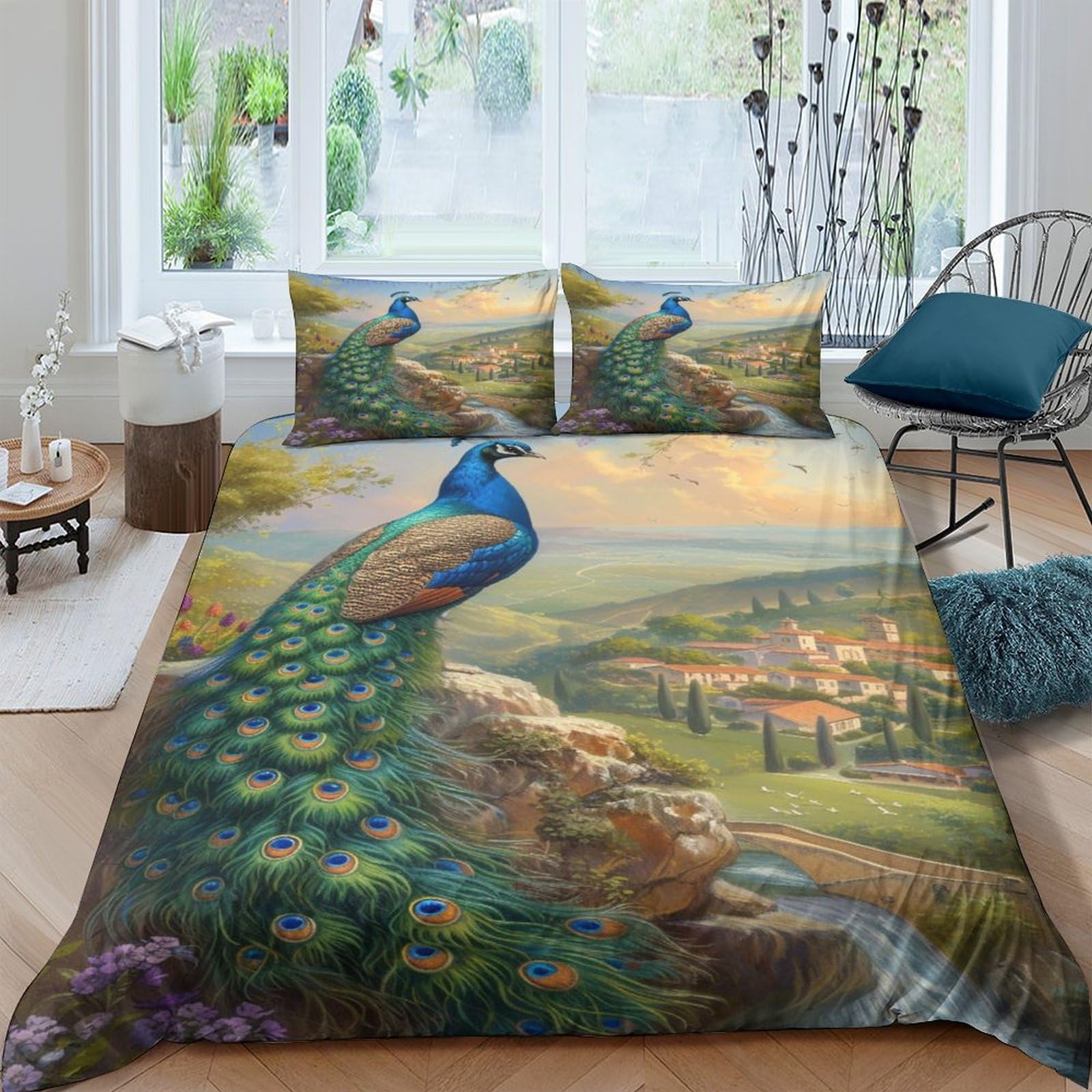 NRAOPEVVD Peacock Duvet Cover Set 3 PCS Hotel Quality Quilt Cover Bedding Set Bed Covers with Pillowcases with Zipper Closure Ultra Soft Anti Allergic Microfiber Double（200x200cm）