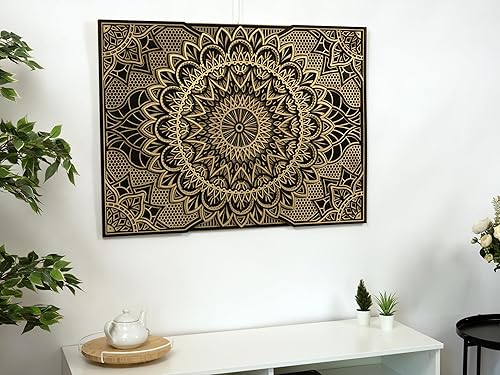 BHDecor Decoración de pared para el hogar, paneles de MDF colgantes de mandala de madera tallados con corte láser multicapa para decoración, obra de