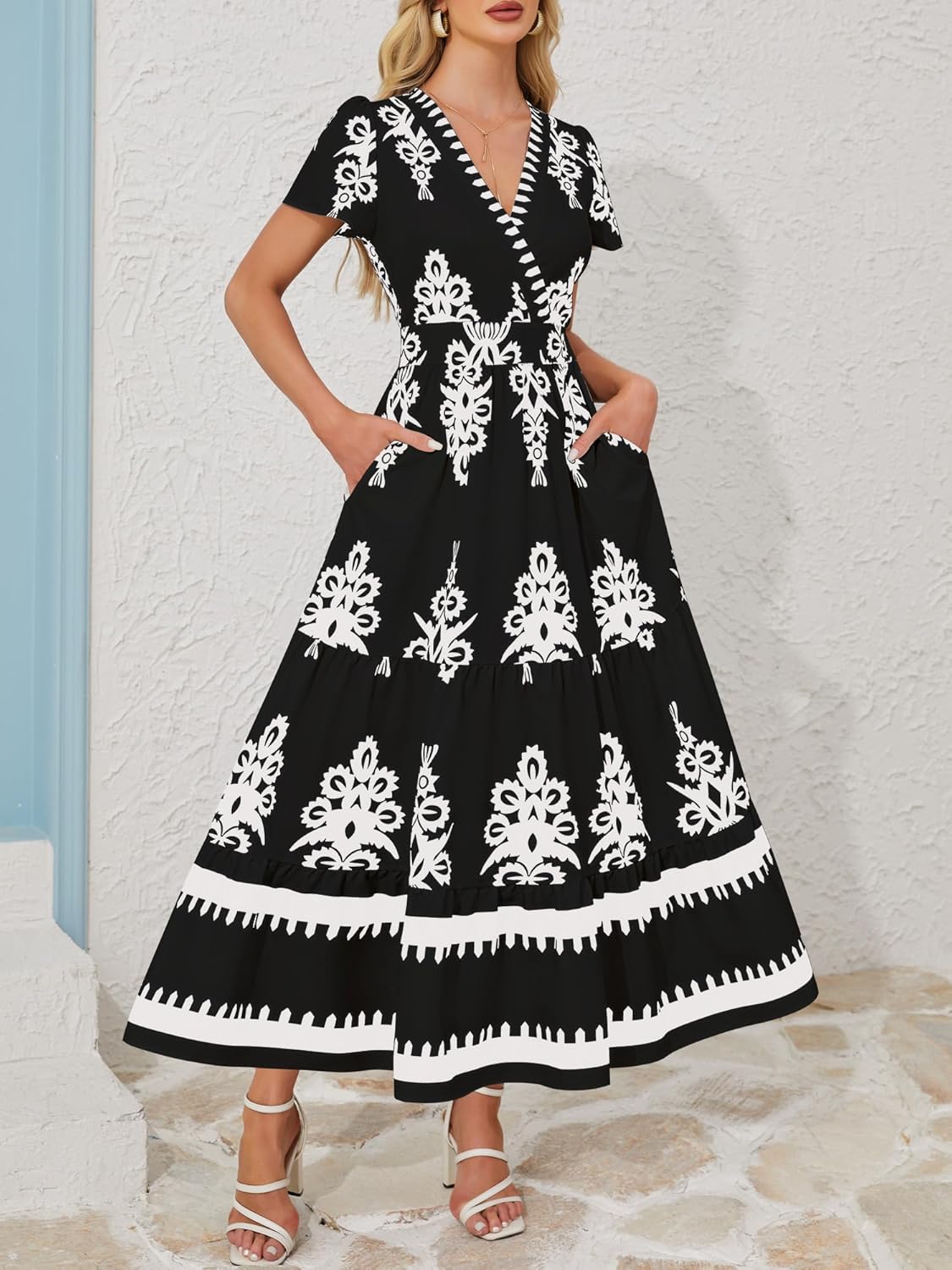 Women Summer Casual Dress Boho Maxi Dress Flowy V Neck Aline Floral Bell Sleeve with Pocket Beach Vacation - Image 3