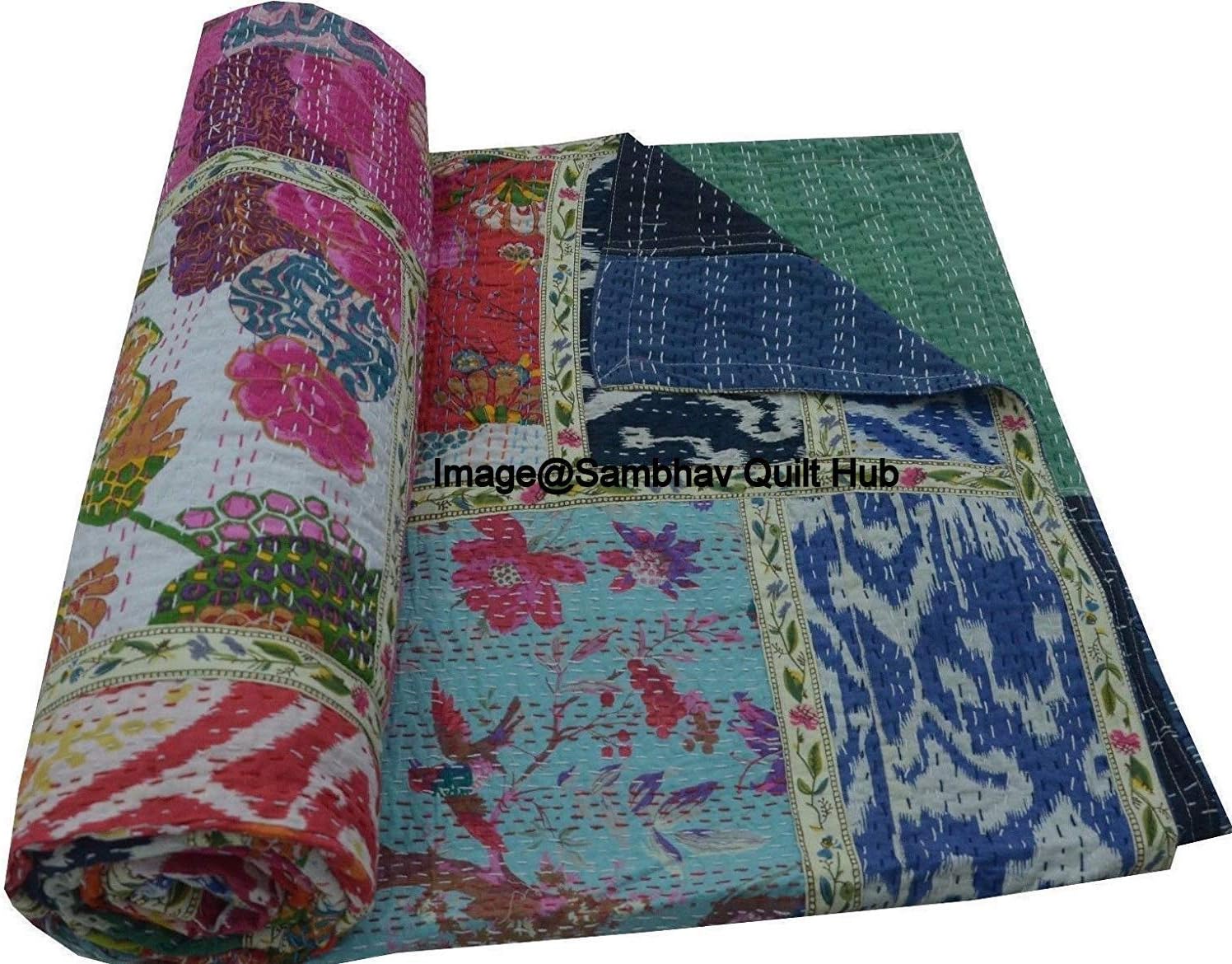 Queen/Twin/King Mullti Ikat Patchwork Ekat Print Throw Reversible Blanket Indian Kantha Quilts Ethnic Stitched Bedcover Bohemian Floral Kantha Comforter Quilting Kantha (60X90 inches)