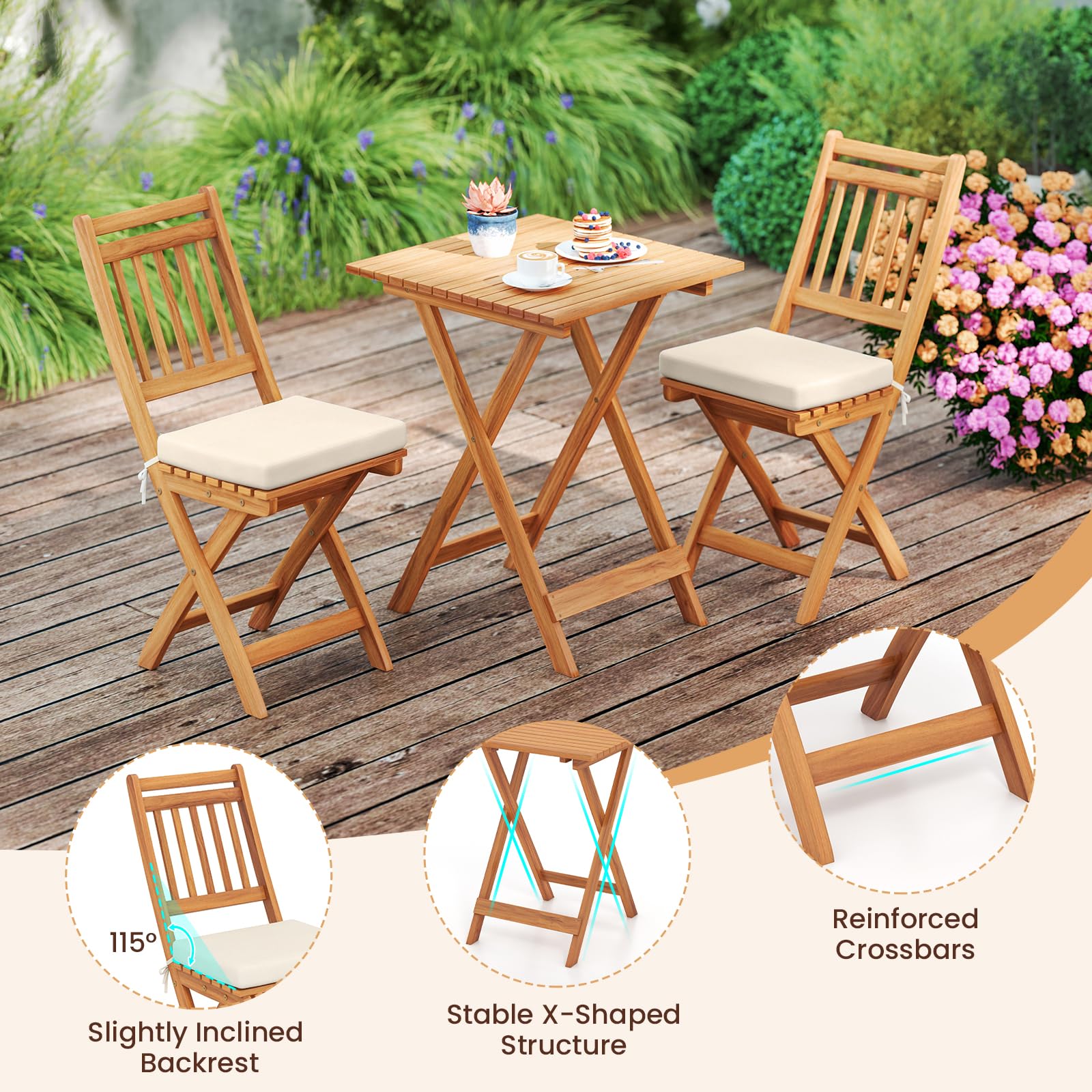 GIANTEX Juego de Bistró 3 Piezas Plegables, Mesa Cuadrada y 2 Sillas de Madera de Acacia con 2 Cojines de Asiento Desmontables, Conjunto de Muebles para Jardín, Balcón, Patio (Listones Verticales)