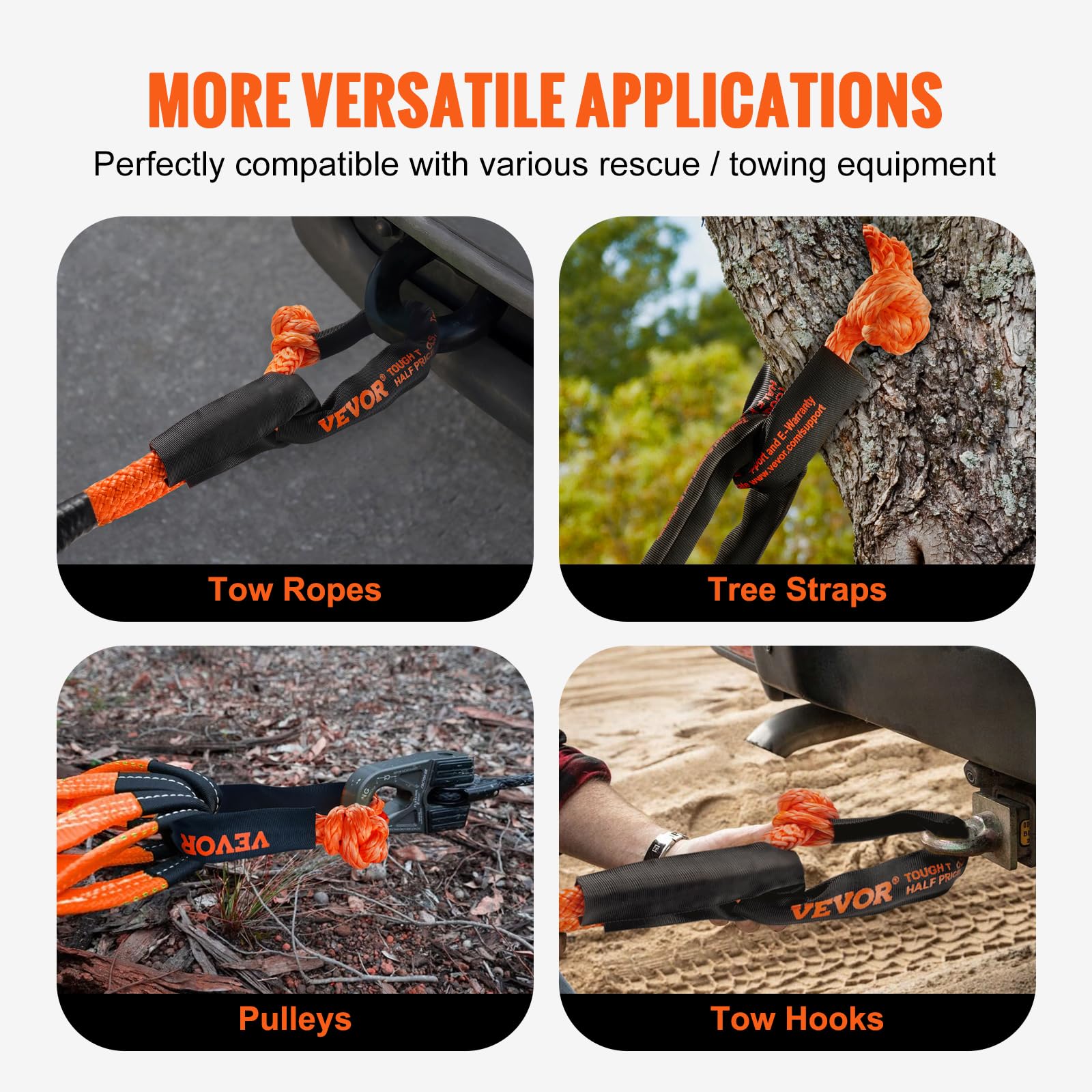 VEVOR Manilles synthétique souple, 12,7x558,8 mm, corde manille remorquage récupération 2PCS, résistance de rupture 20 T, sac de rangement pour UTV, VTT, camions, jeep, véhicules tout-terrain, orange