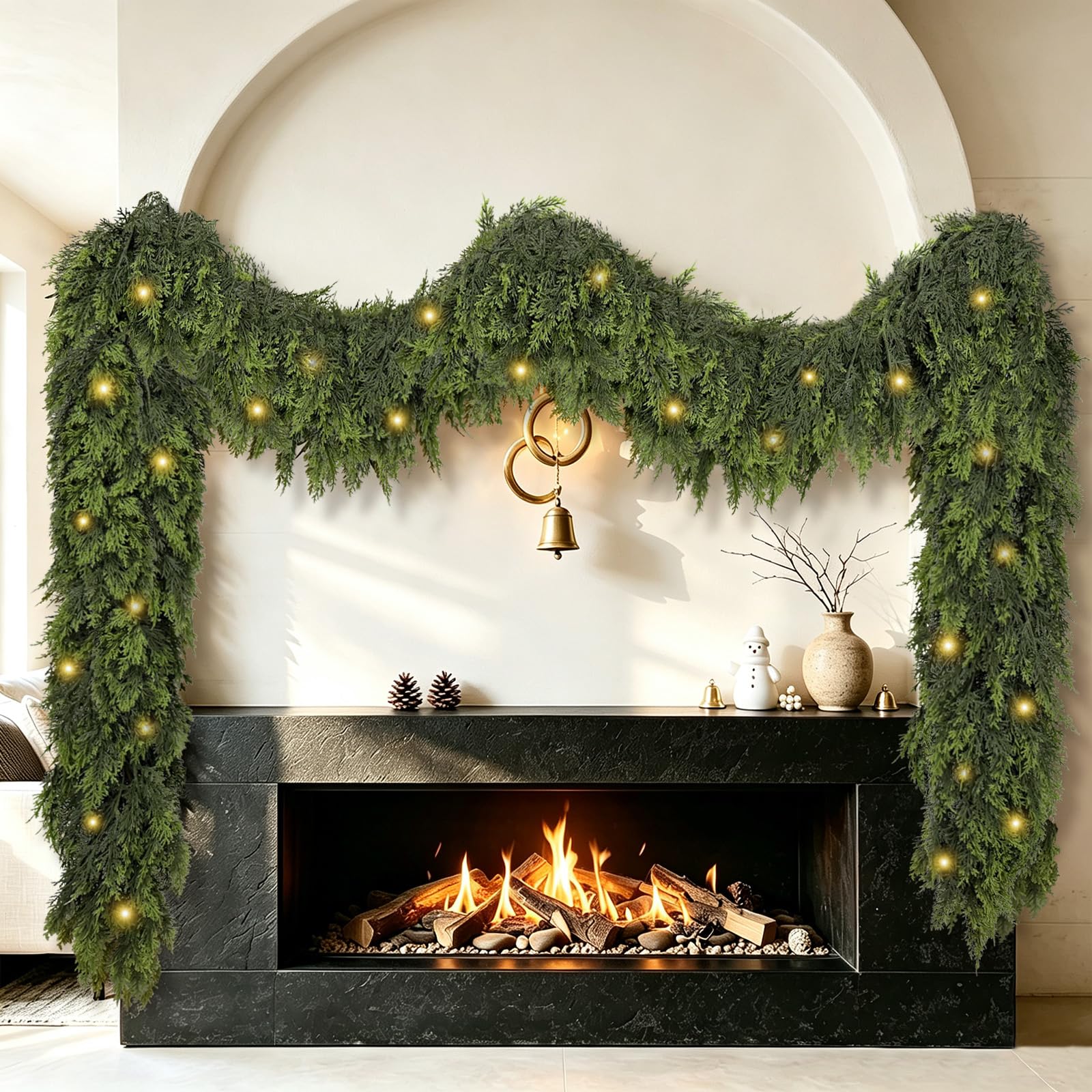Thewe 9Ft Christmas Cedar Garland with Lights Christmas Decorations, Real Touch Soft