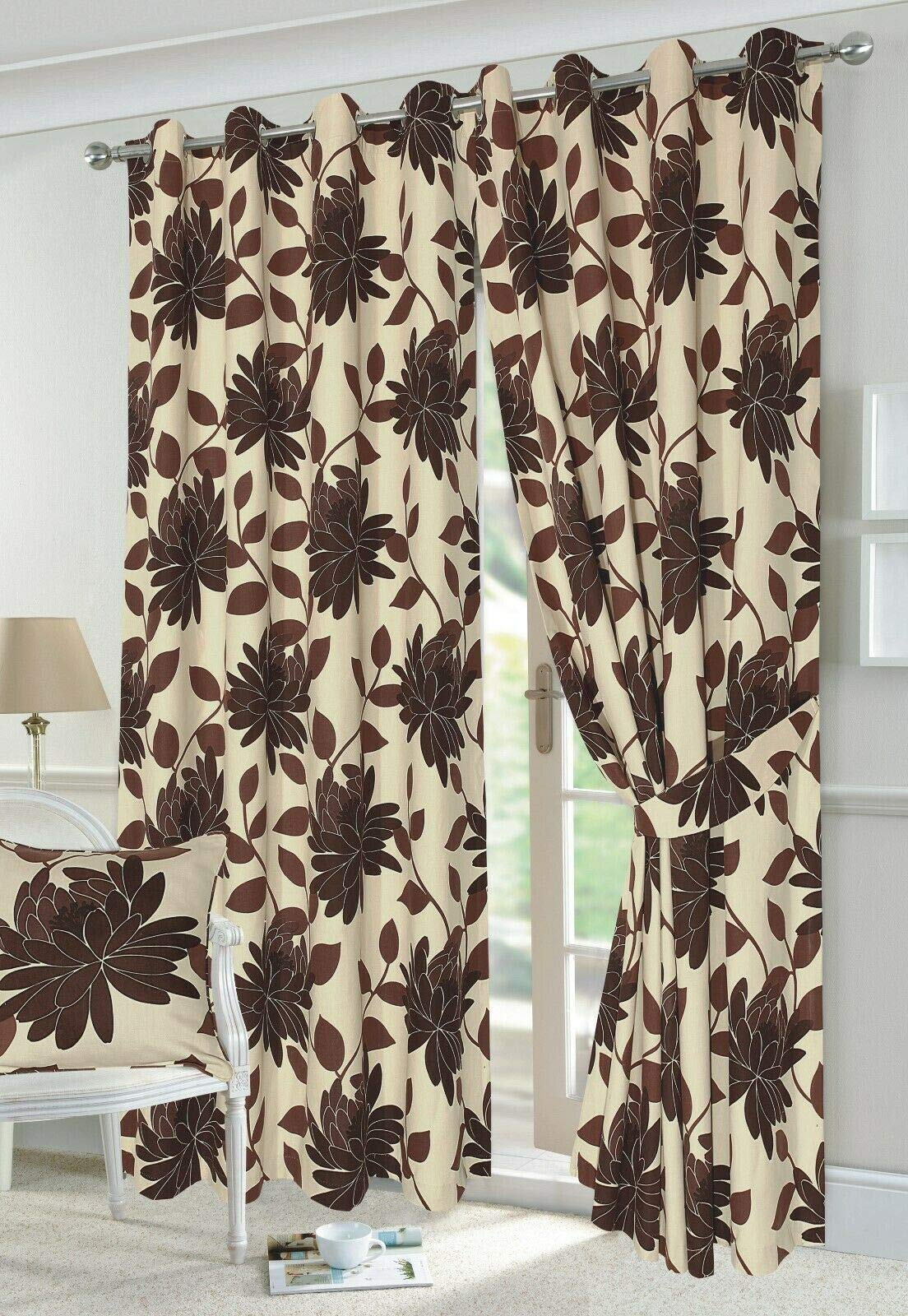 EHD Isla Poppy and Seren Floral Pattern Luxury Curtain Pairs Fully Lined Eyelet Top Curtains With Matching Tie Backs (Seren Chocolate, 66" x 72")