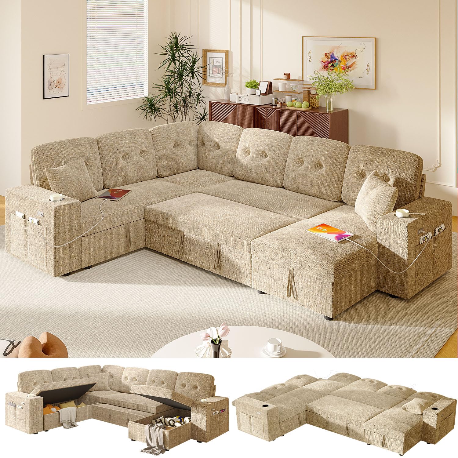 Modular Sectional Sleeper Sofa with Pull Out Bed 108 Inch U Shaped 7 Seat Sectional Couches for Living