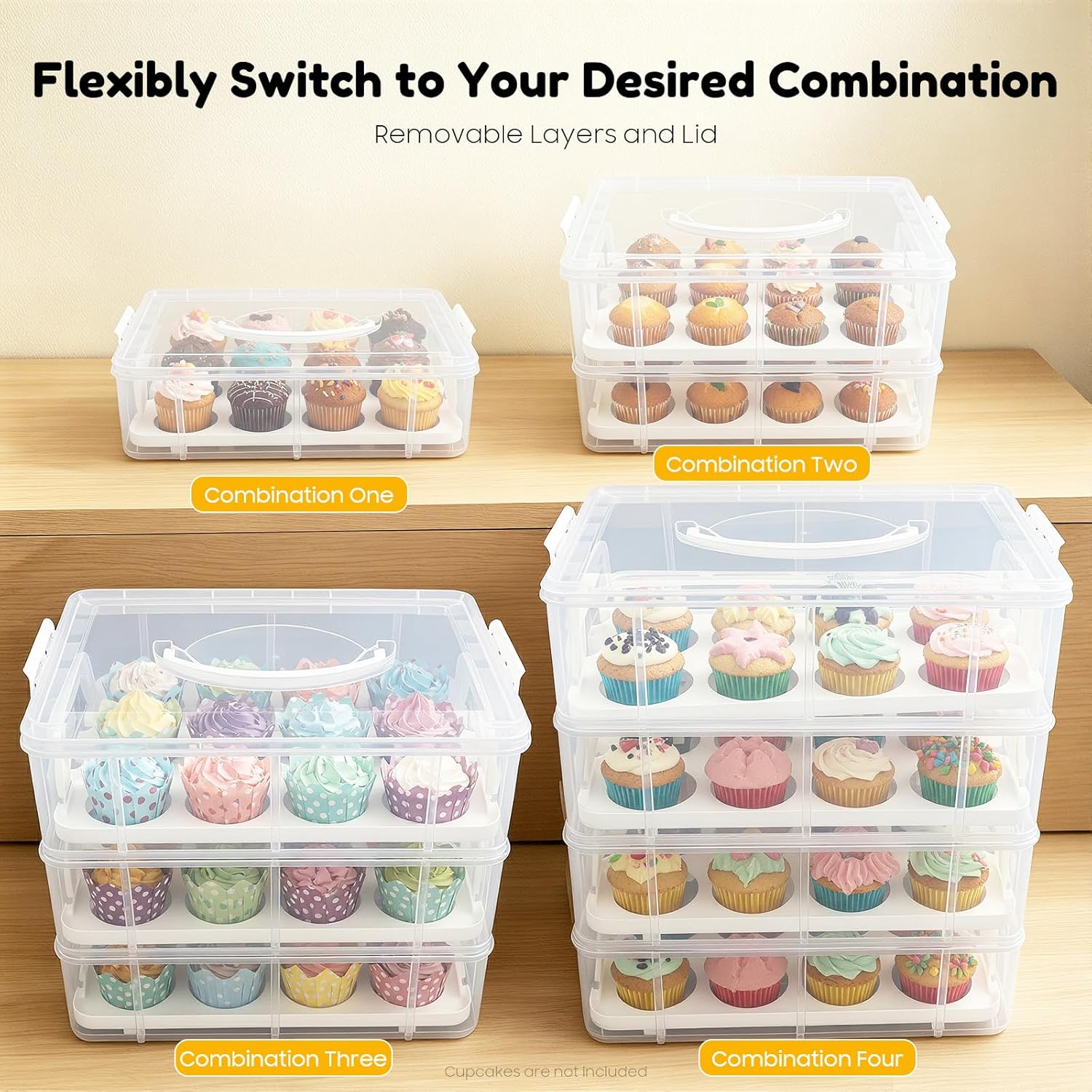4-Tier Cupcake Carrier with Handle, 48-Hole Transparent Cake Holder for Transport to Birthday Parties, Celebrations, Home Bakers, Reusable Dessert Travel Container Box
