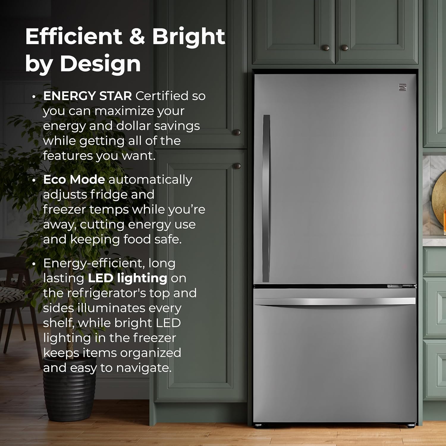 Kenmore 31" Bottom Freezer Refrigerator - Ice Maker, Adjustable Shelving, Crispers Drawers, LED Lighting, ENERGY STAR Certified, 22.3 cu. ft. Capacity, Fingerprint Resistant Stainless Steel